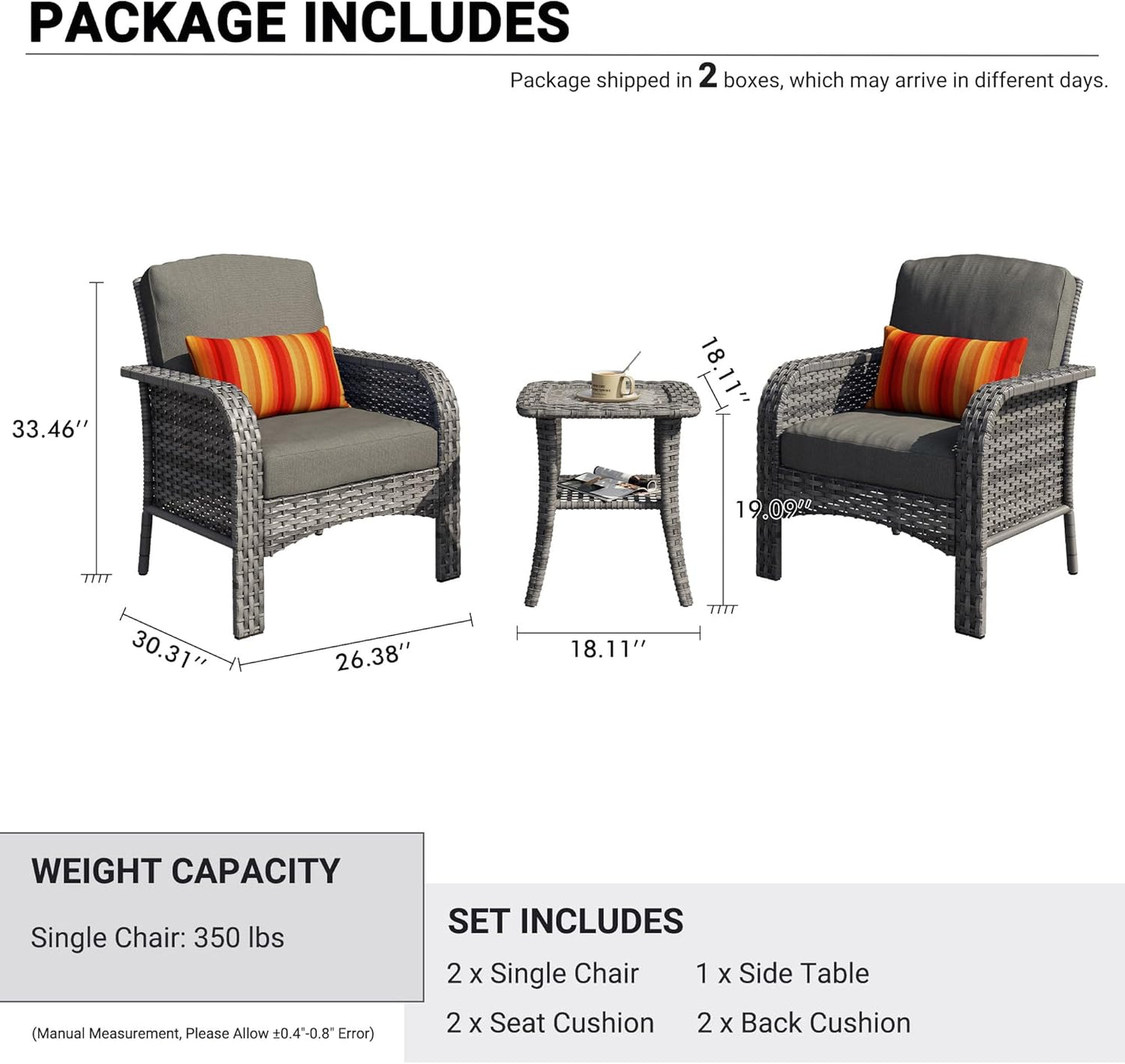 HOOOWOOO Patio Furniture Set,3 Pieces Outdoor Conversation Set,All Weather Wicker Bistro Set Yard Porch High Back Chairs Side Table,Black