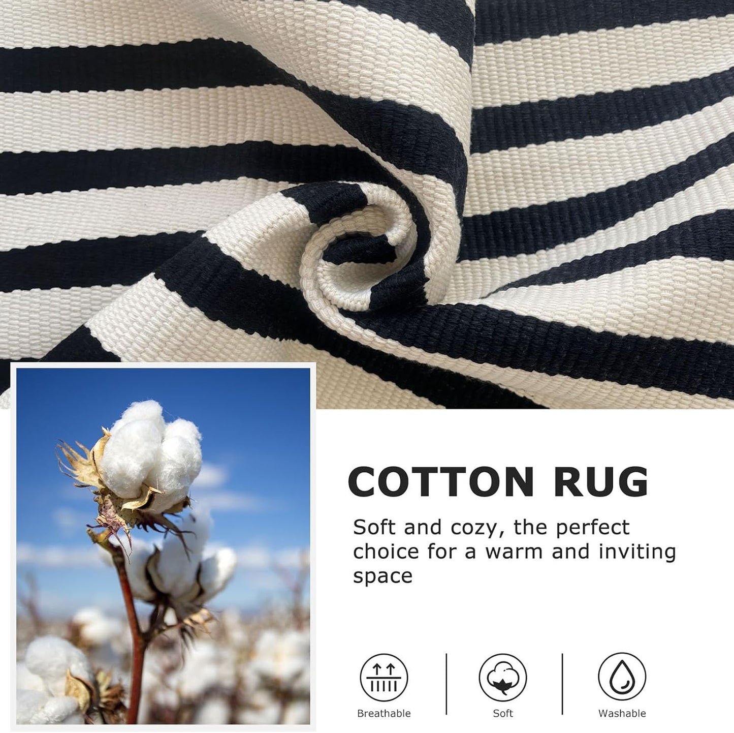 IOHOUZE Black Beige Striped Rug -8'x10' Indoor Outdoor Rug, Washable Area Rug for Living Room, Large Patio Rug, Cotton Striped Rugs for Patio Living Room Bedroom