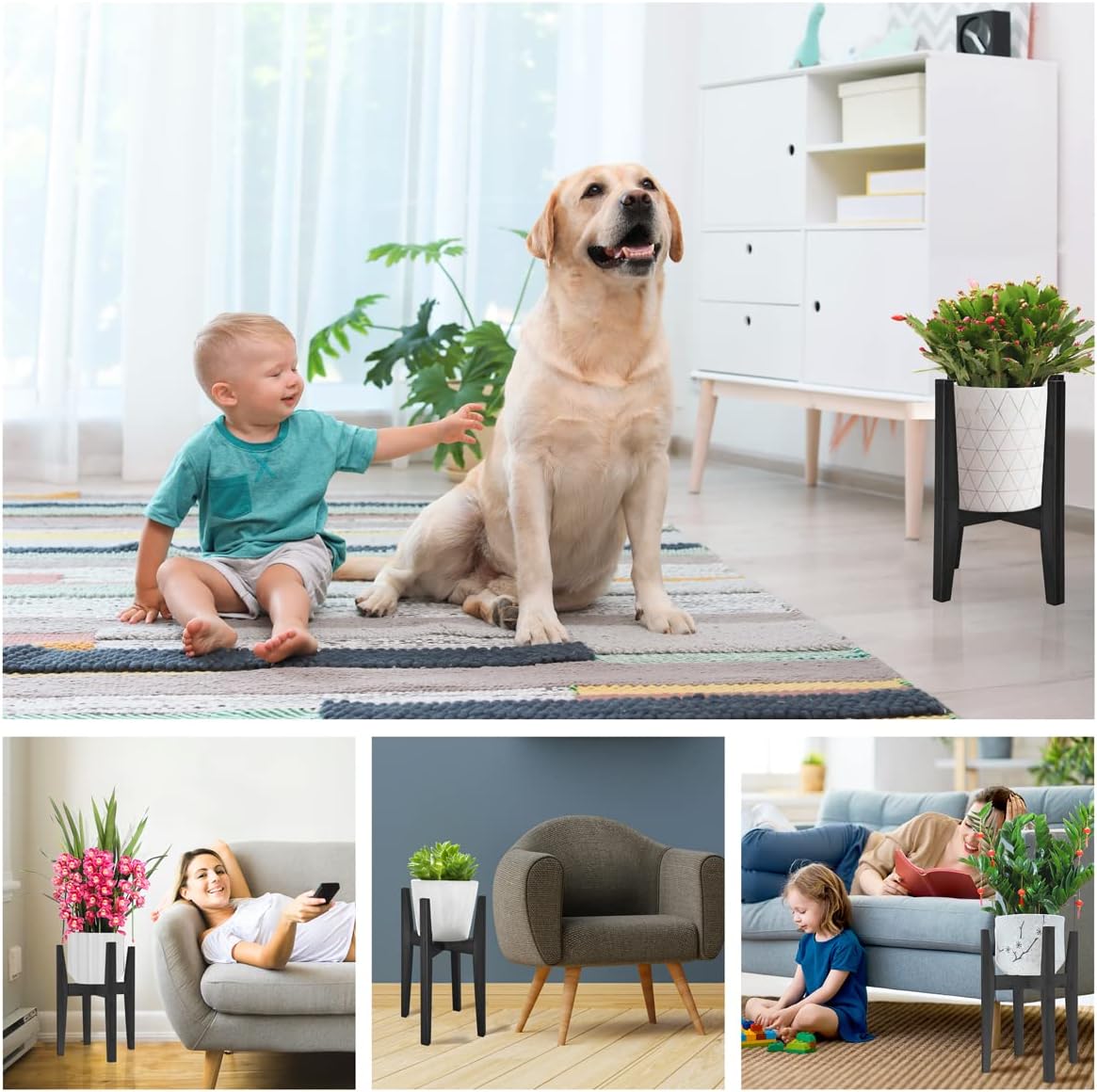 OERGKE Adjustable Plant Stand Indoor, Bamboo Mid Century Modern Plants Stands, Corner Flower Holder for Living Room, Fits 8 to 12 Inches Pots, (Pot & Plant Not Included)(Black, 1 Pack)