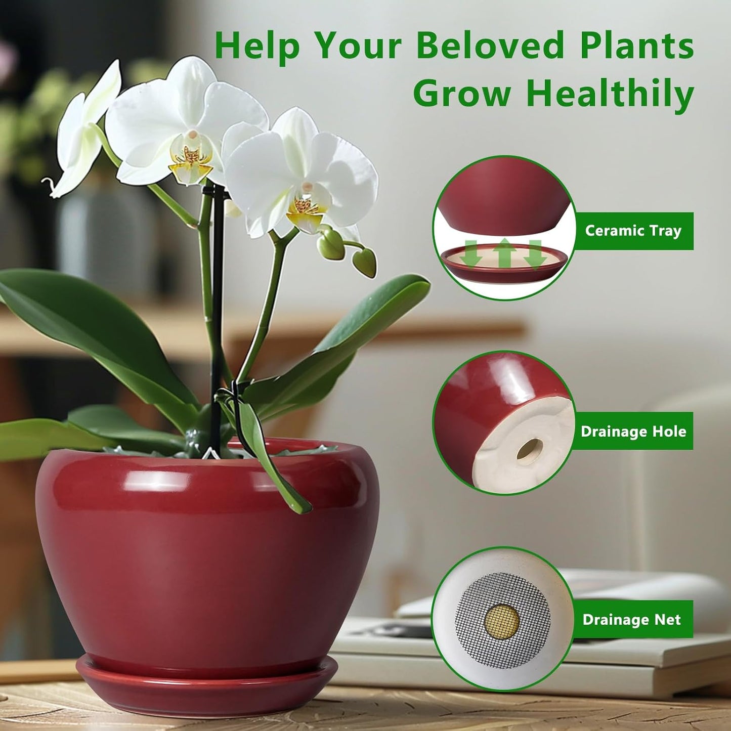 Ceramic Planter - 8 Inch Plant Pot Indoor with Drainage Hole and Saucer Planter for Outdoor Plants Round Flower Pot for House Patio Decor Red