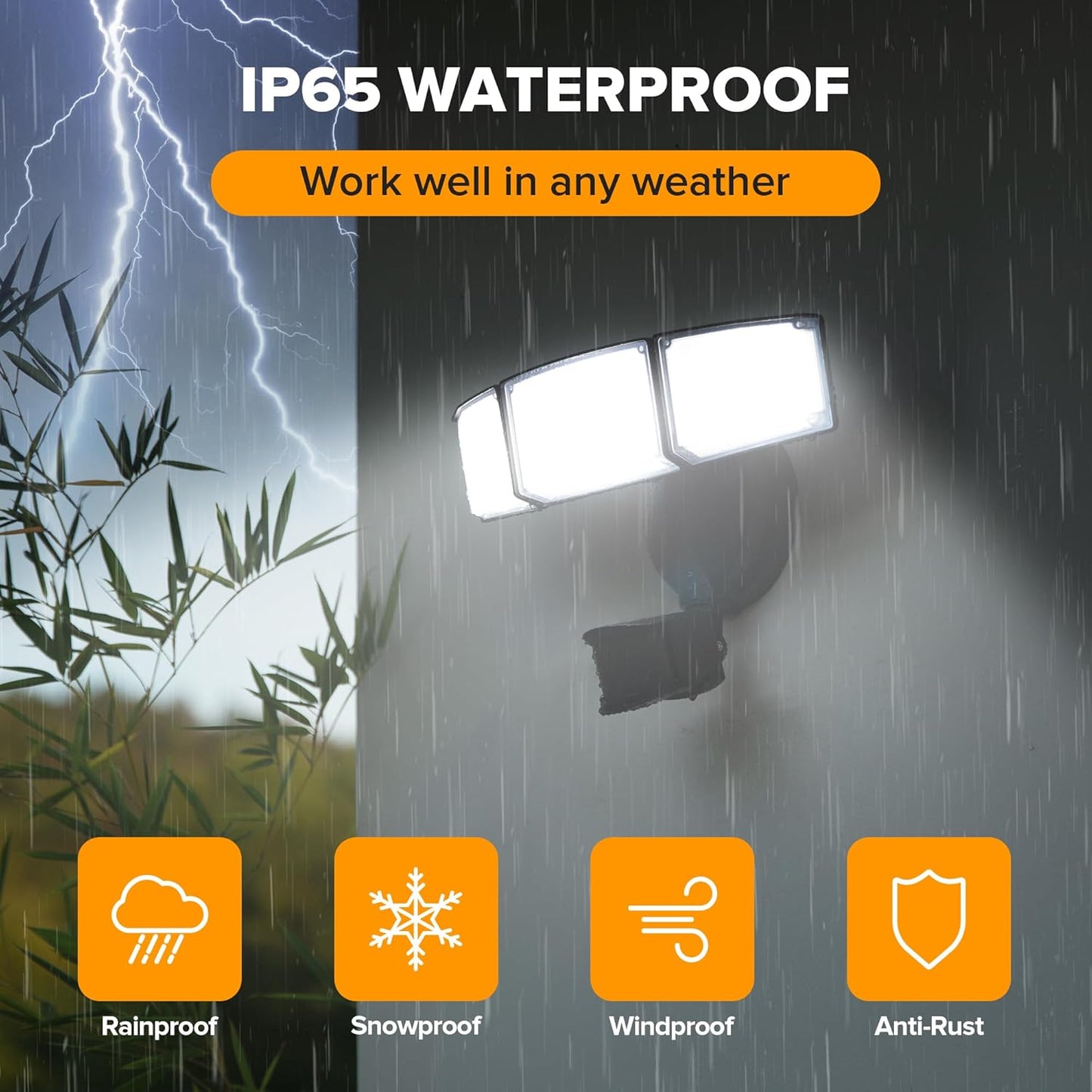 UME 49W LED Security Lights Motion Sensor Light Outdoor, 5000K Daylight, IP65 Waterproof, Dusk to Dawn, 3 Head Motion Detected Flood Light for Garage, Yard, Porch (Black)