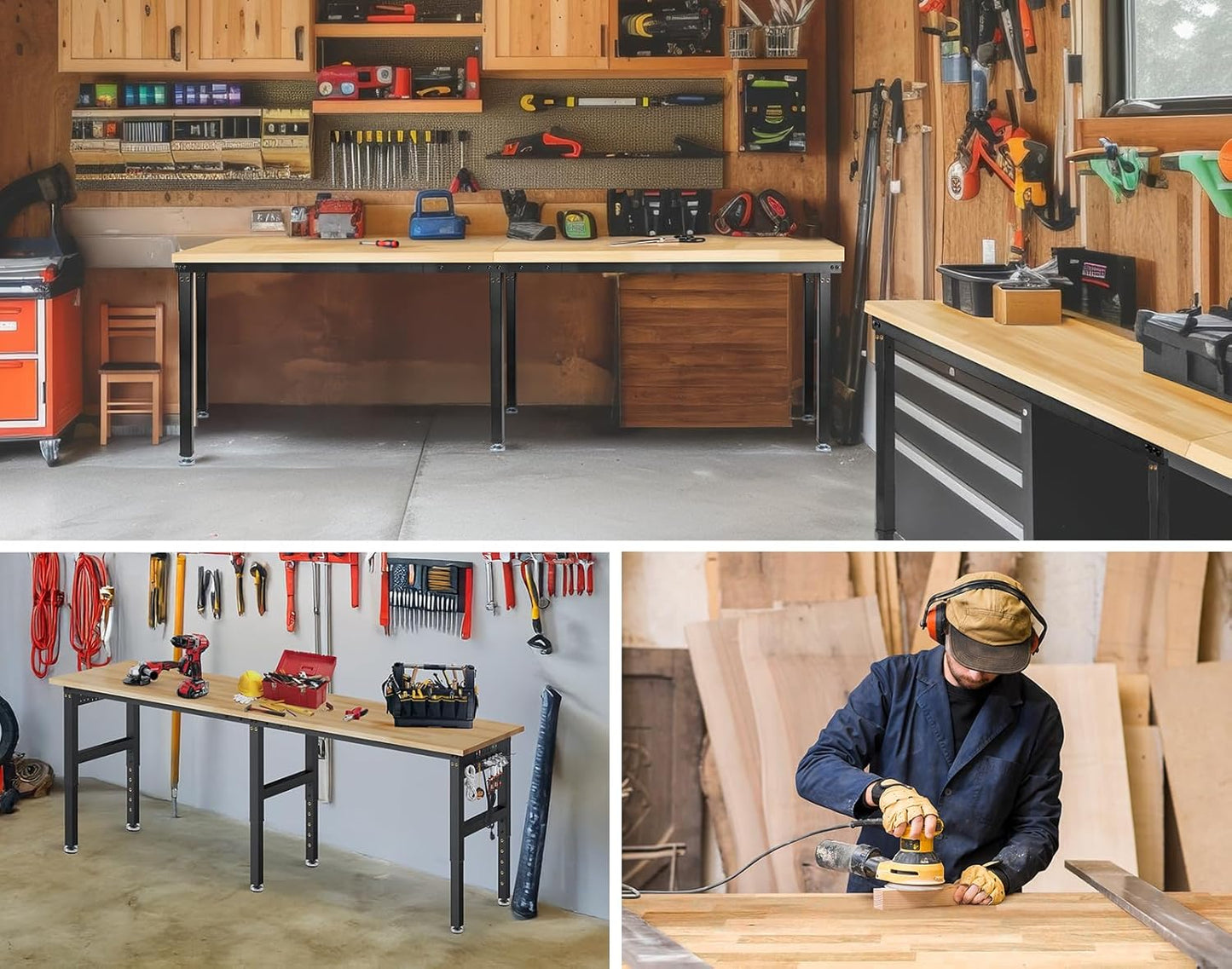 96”Adjustable Work Bench, 5000 LBS Capacity Heavy Duty Workbench with Power Outlet & Pegboard, Rubber Wood Work Table for Garage, Workshop, Office, Home