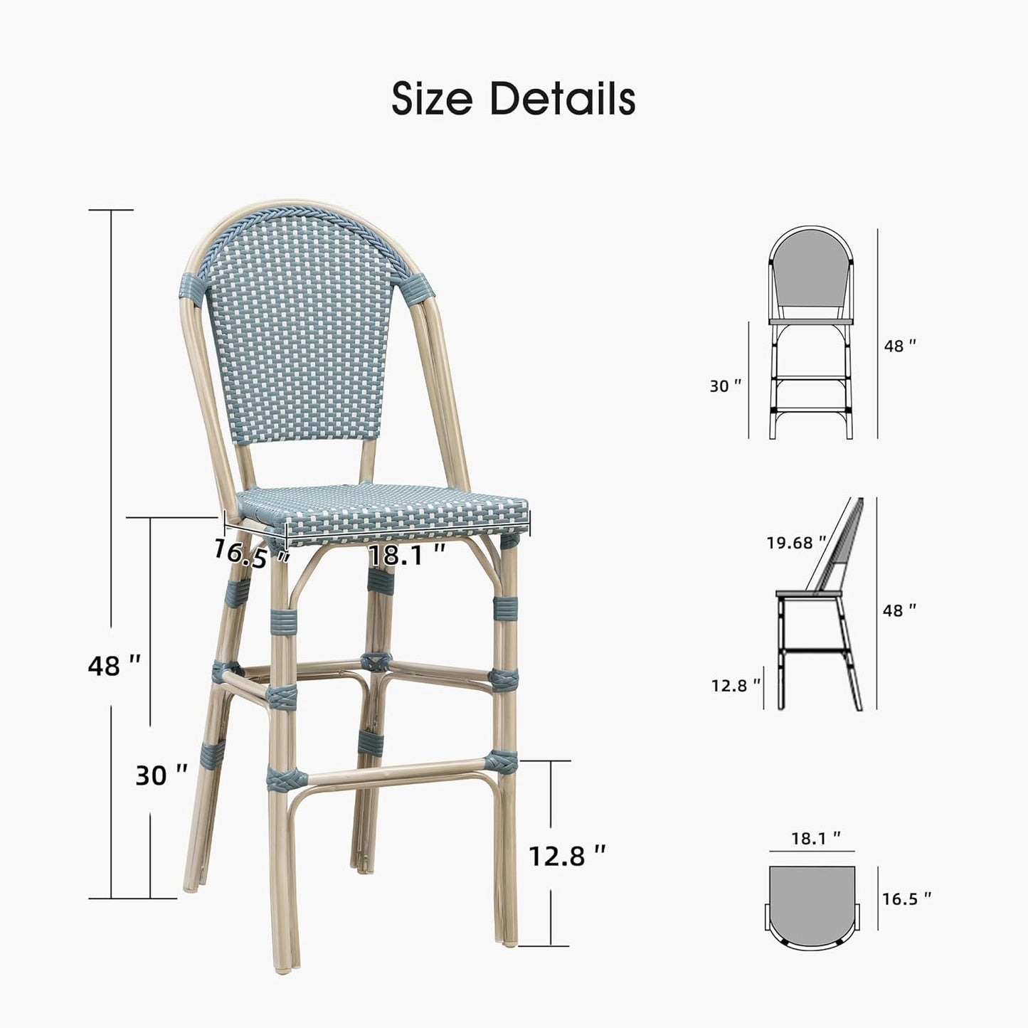 PURPLE LEAF French Bar Stool Set of 2 White Print Finish Patio Bar Stools with Back Rattan Chairs Wicker Bar Height Stool 30" with Footrest Kitchen Island Stools Outdoor Barstool Light Blue