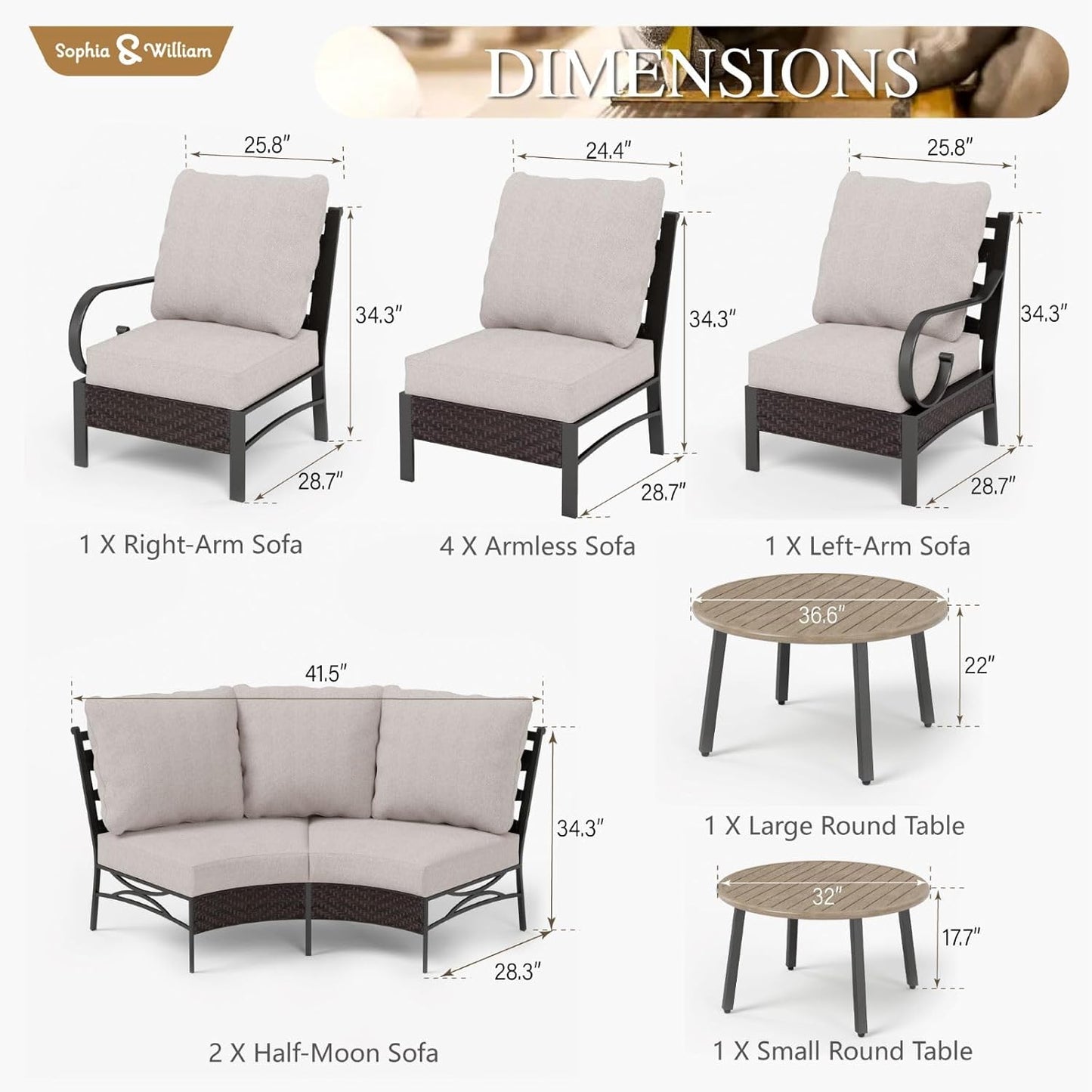 Sophia & William Half-Moon Patio Furniture Set for 10, Curved Outdoor Sofa Conversation Set with Coffee Table,Wicker Patio Sectional for Backyard, Beige