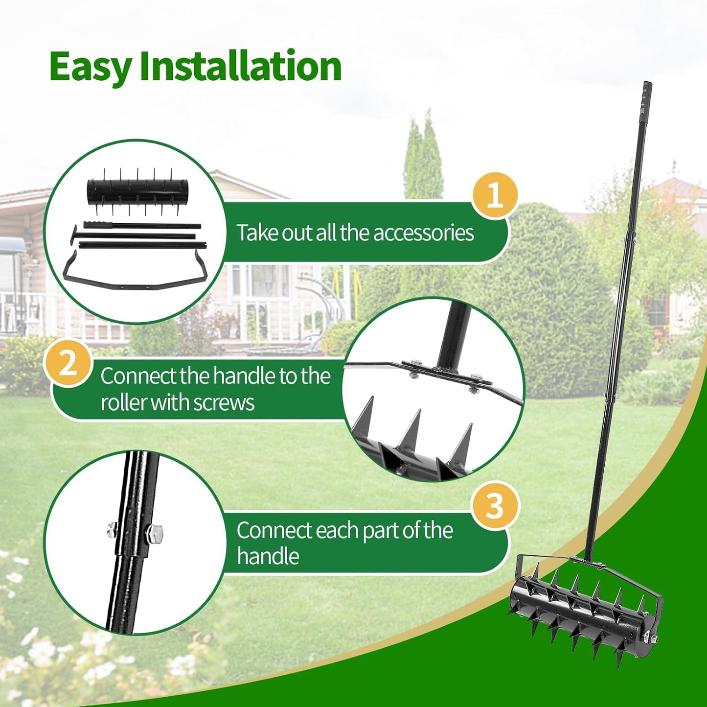 Rolling Lawn Aerator, 18 Inch Manual Aerator Lawn Tool Aerator Lawn Soil Penetrator with 50 Inch Handle, Lawn Aerator Roller for Garden Yard