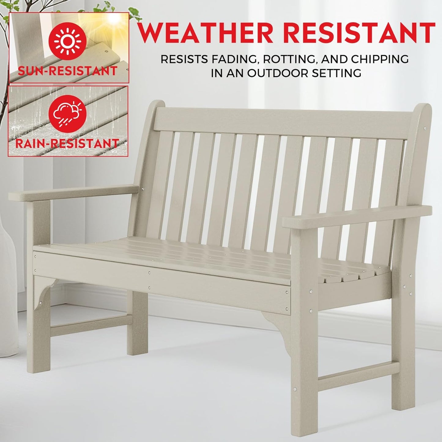 Garden Bench, Farmhouse Park Front Porch for Entryway Bench Outdoor Seating Low Bench Patio Bench Outside/Indoor, Sand