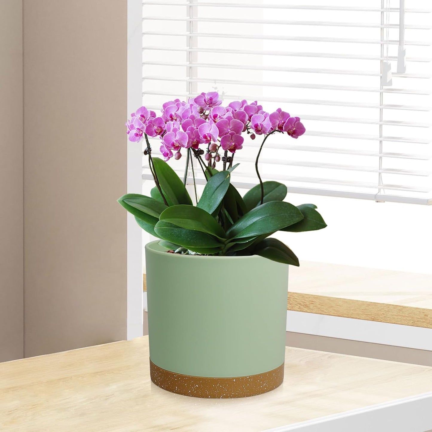 5 Pack Cylindrical Flower Pots with 7/6.5/6/5/4 inch, Modern Small Plastic Plant Pots with Drainage Holes & Saucers, Round Planter Pots for Outdoor, Indoor & Office Decor (Green Brown)