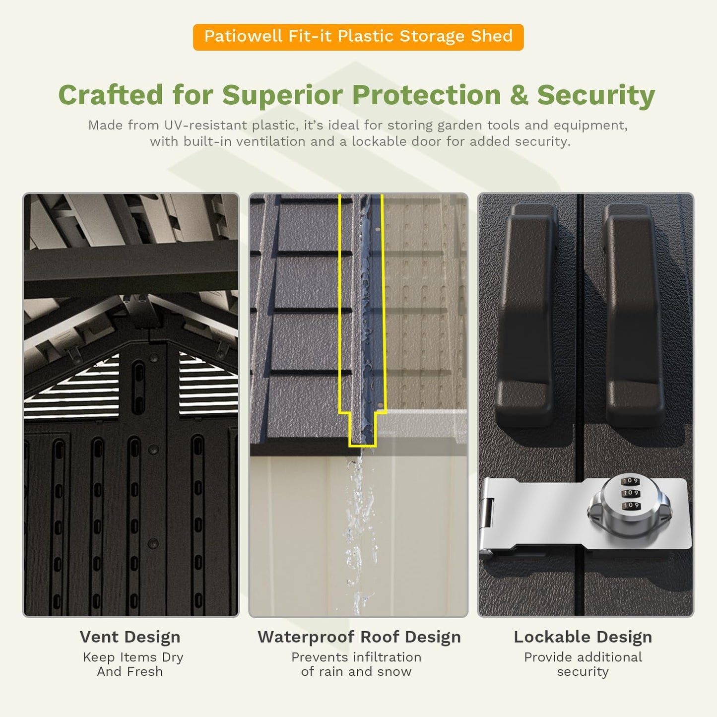 Patiowell 8 x 8 FT Resin Outdoor Storage Shed with Floor, Large Shed with Light and Lockable Door for Garden, Backyard, Tool Storage Use, Easy to Install in Beige (Kick-it Shed)