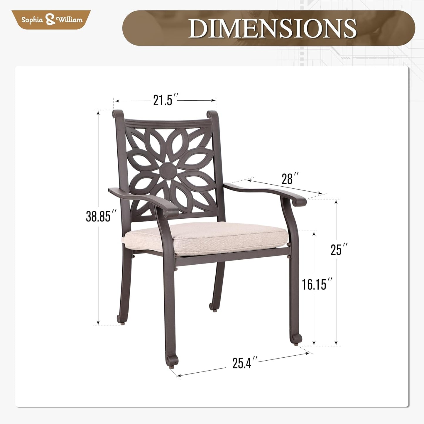 Sophia & William 2 Pieces Cast Aluminium Patio Dining Chairs Bronze with Cushions, Oversize Powder-Coating Outdoor Armchairs for Porch Yard Deck Balcony, Load Capacity Up to 350 lbs