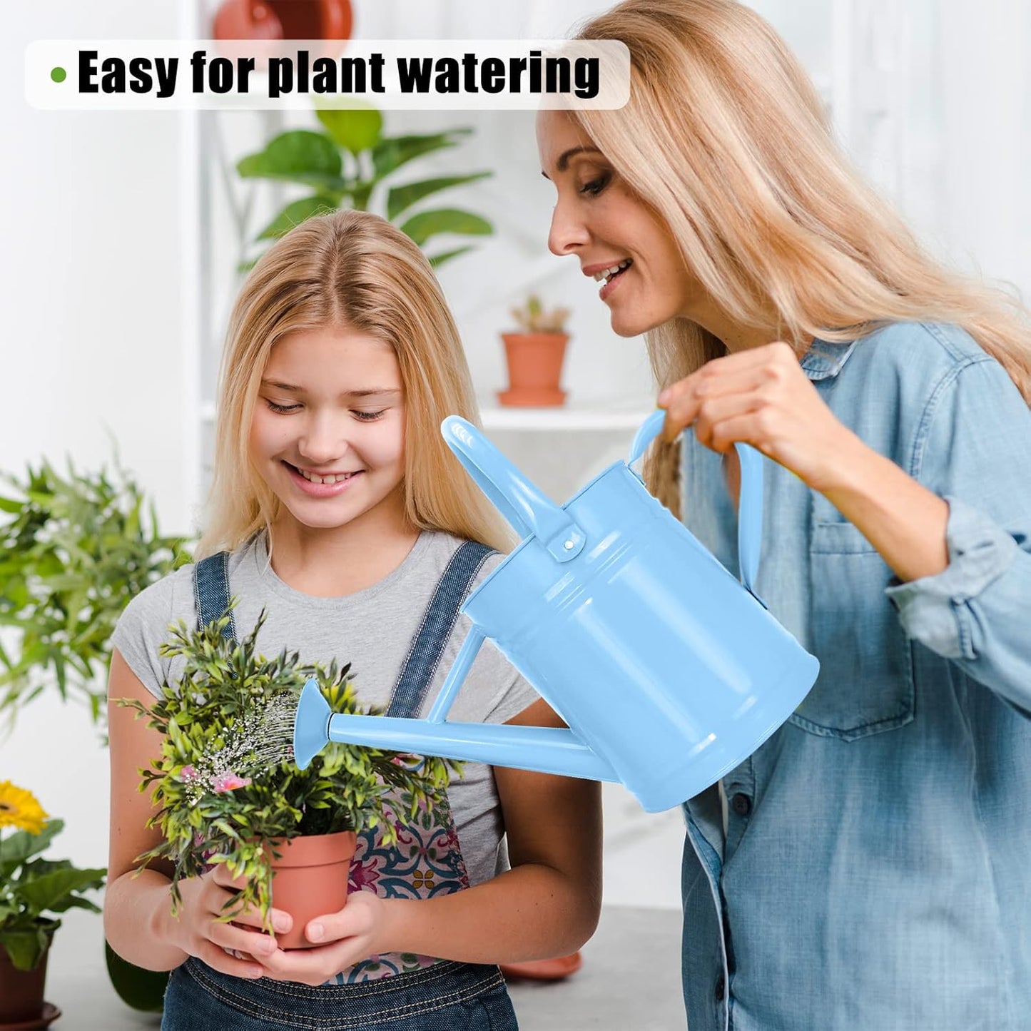 Metal Watering Can (1 Gallon) for Outdoor&Indoor Plants with Free Small Watering can for Kids, Plant Watering Can with Removable spout, Perfect for Garden Flower, Houseplants, (Light Blue)