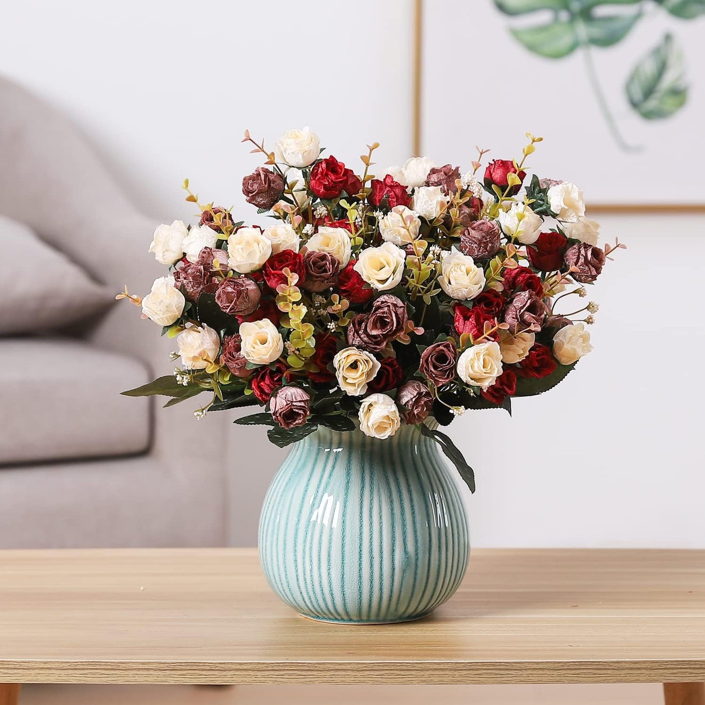 Duovlo 7 Branch 21 Mini Rose Heads Artificial Flowers Bouquet Wedding Home Office Decor,Pack of 2 (2 PCS Red)