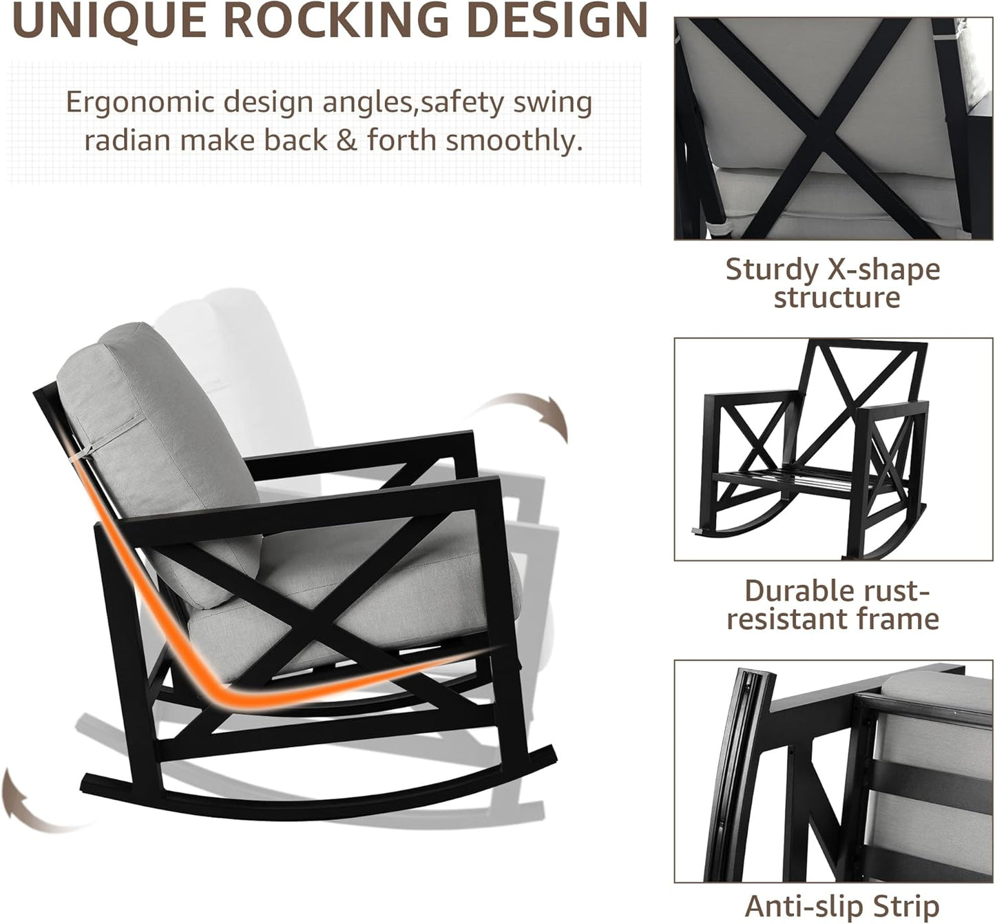 NATURAL EXPRESSIONS Patio Rocking Bistro Set, 3 Piece Outdoor Conversation Furniture Set with 2 Rockers and 1 Metal Coffee Table with Thick Cushions,2 Pack Patio Chair Covers Included