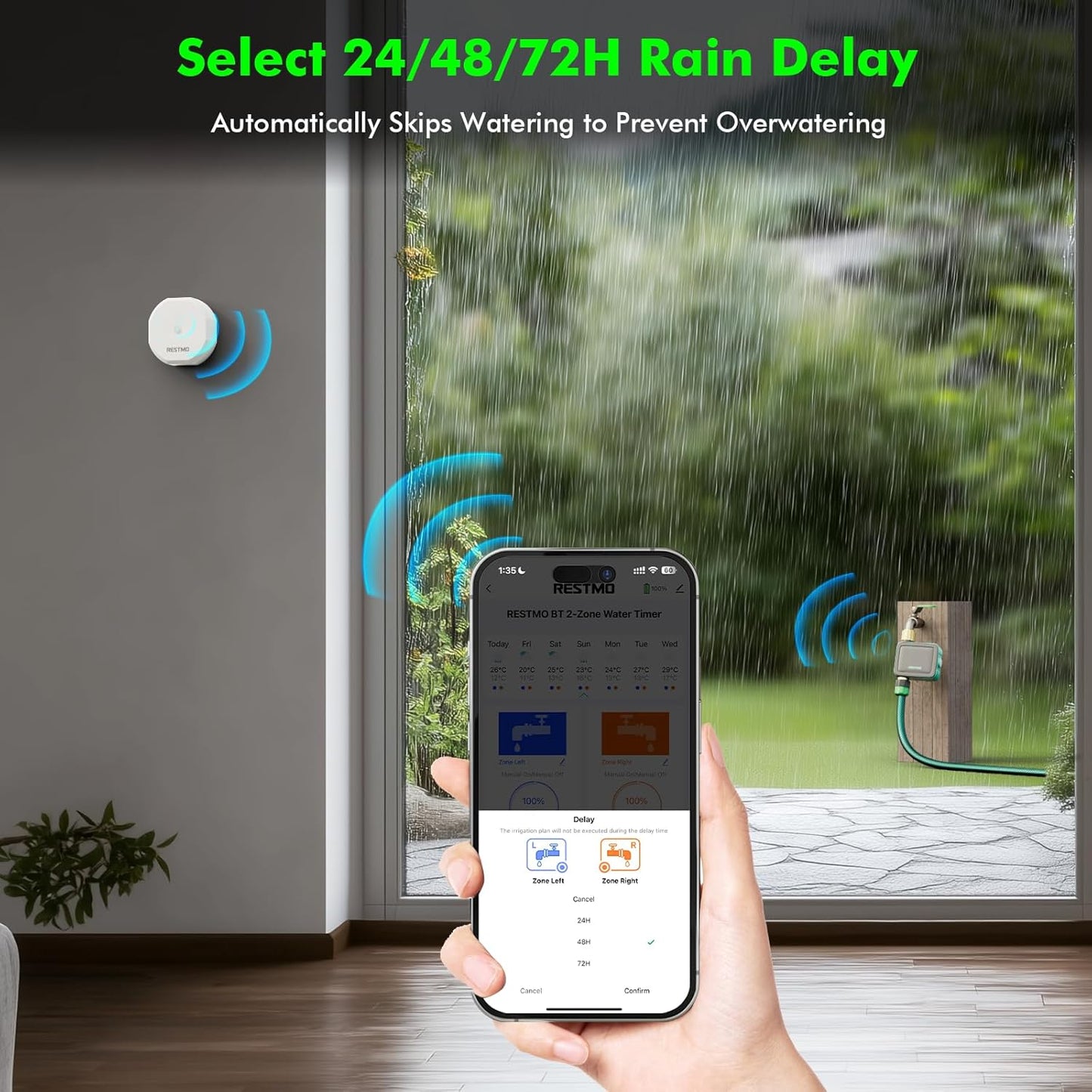 RESTMO Smart Sprinkler Timer with Flow Meter, Water Timer for Garden Hose, Brass Inlet & Outlet, Automatic Lawn & Yard Irrigation Watering System, APP Remote Control (RF Hub + WiFi Connection)