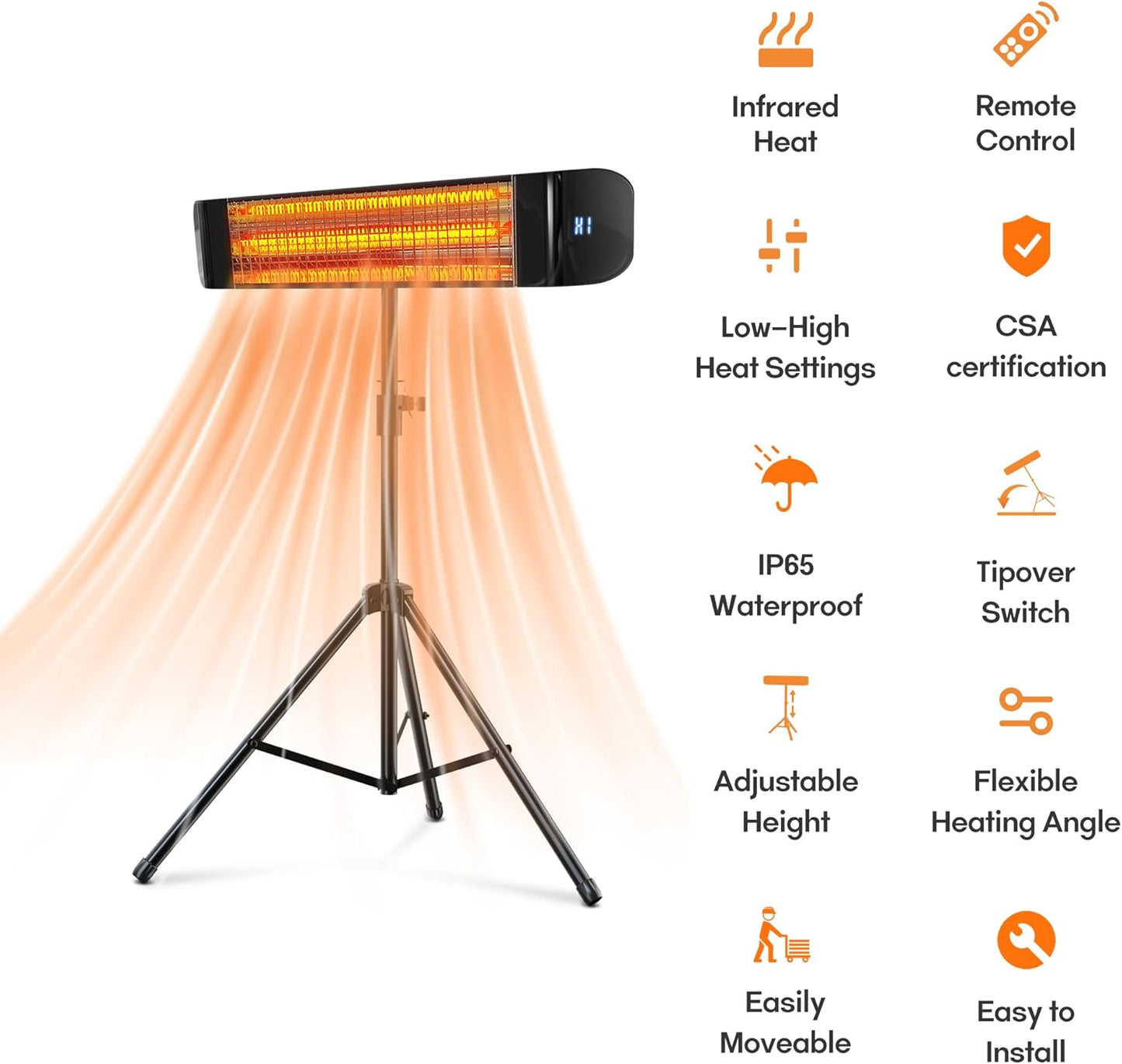 Paraheeter Electric Outdoor Heater, Infrared Patio Heater for Outdoor/Indoor Use, Wall Mounted/Ceiling/Tripod Infrared Heater Outdoor, 1500W Electric Patio Heater, CSA certificate.