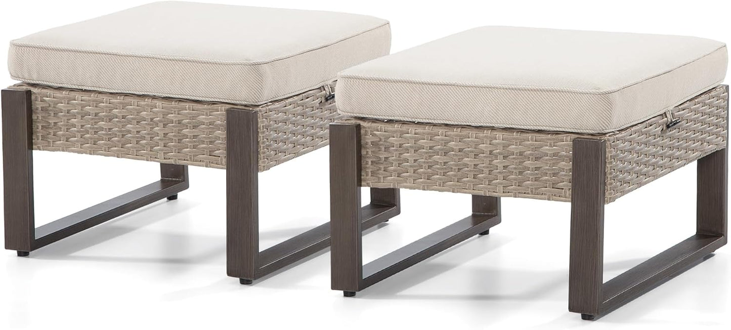 Patio Metal Wicker Ottoman Set of 2, Outdoor PE Rattan Footstools with Removable Cushions & Wood Looking Metal Steel Framed Legs for Garden Backyard Porch Deck, Beige