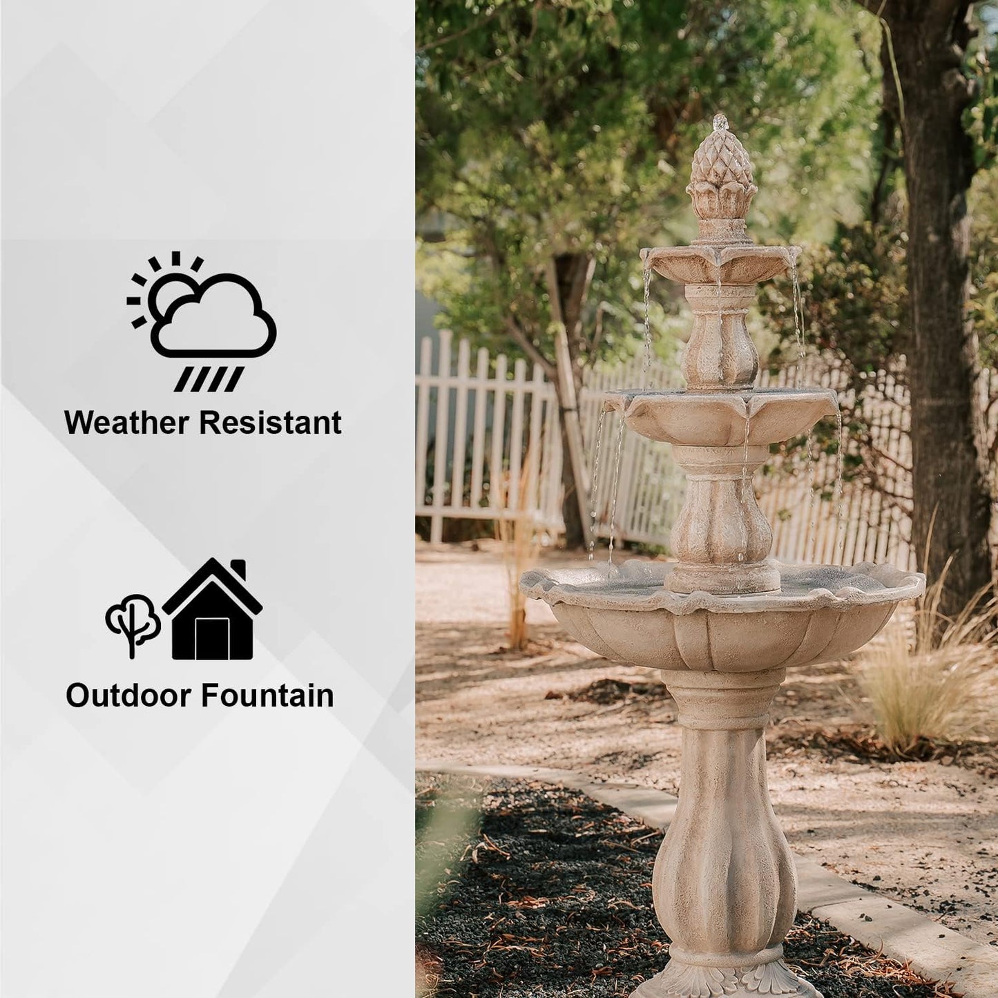 XBrand 3-Tier Freestanding Waterfall Fountain w/Pump & Pineapple Top, 51 Inch Tall, Beige, Large Outdoor Garden Fountain, Ideal for Garden, Porch, and Lawn