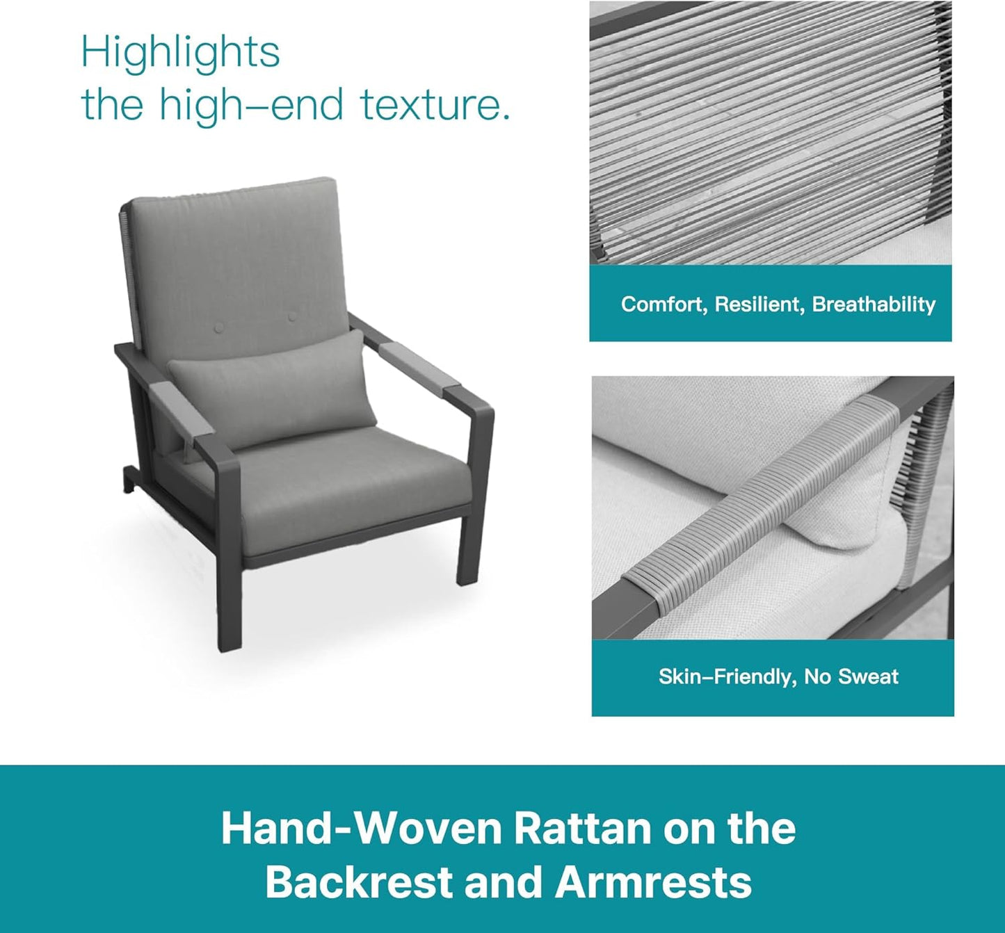 3 Piece Outdoor Bistro Set, Rattan Patio Furniture with Aluminum Frame & Coffee Table, Waterproof Cushion Fabric, High Elastic Sponge, Grey Terrace Patio Set