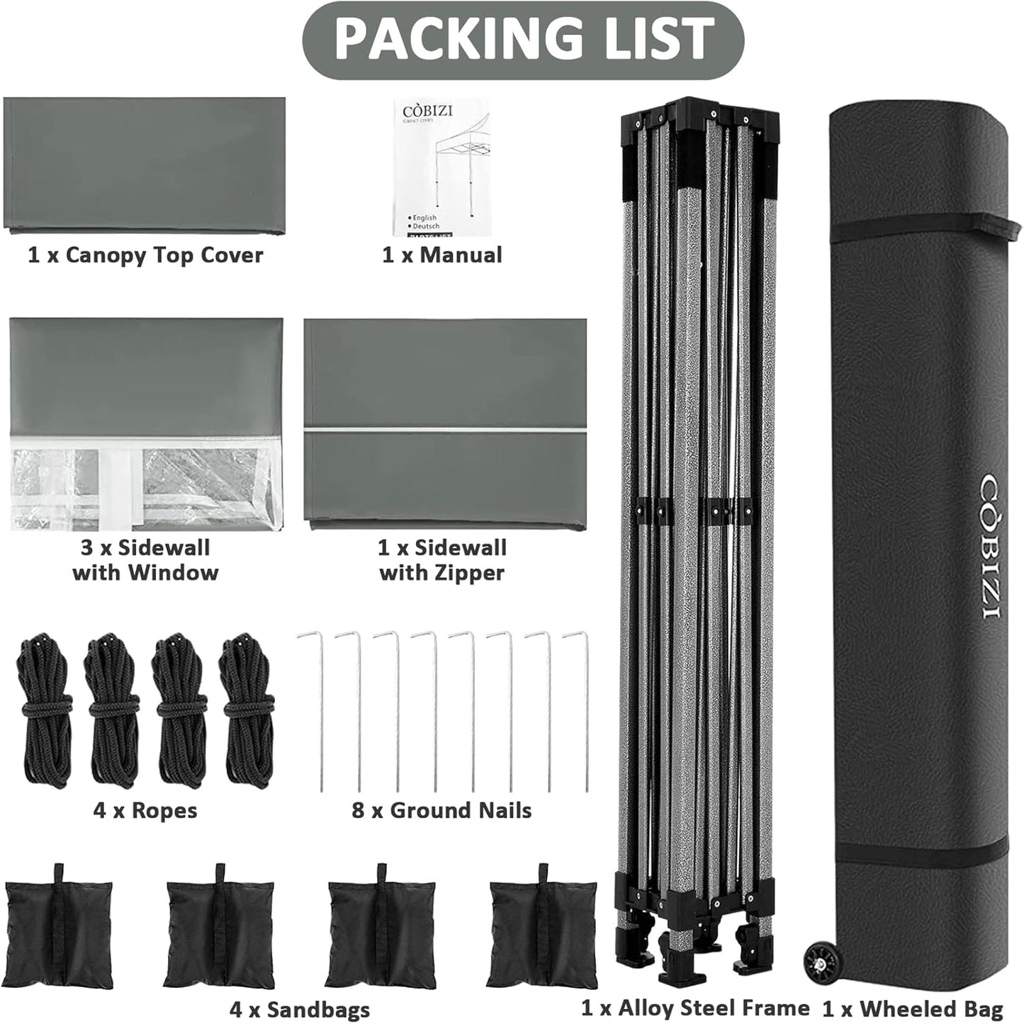 COBIZI 10x10 Pop Up Canopy with 4 Sidewall,Heavy Duty Canopy UPF 50+ All Season Wind Waterproof Commercial Outdoor Wedding Party Tents for Parties Canopy Gazebo with Roller Bag(10 x 10 ft Gray)