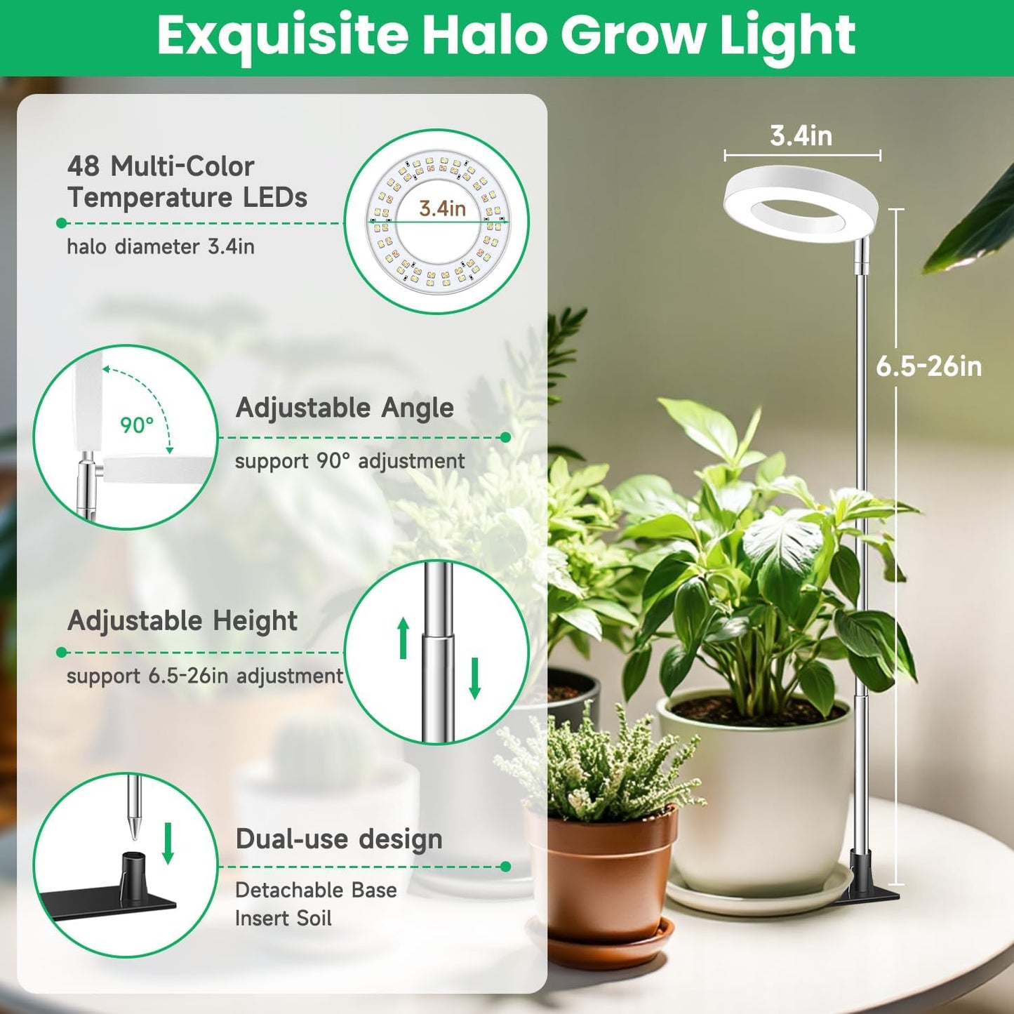 Grow Lights for Indoor Plants,Full Spectrum Plant Lights for Indoor Growing with with 3/9/12H Timer, 3 Color Modes, 10 Brightness, 6.5"-26" Height Adjustable Small Grow Light, 2 Pack(3.4in)