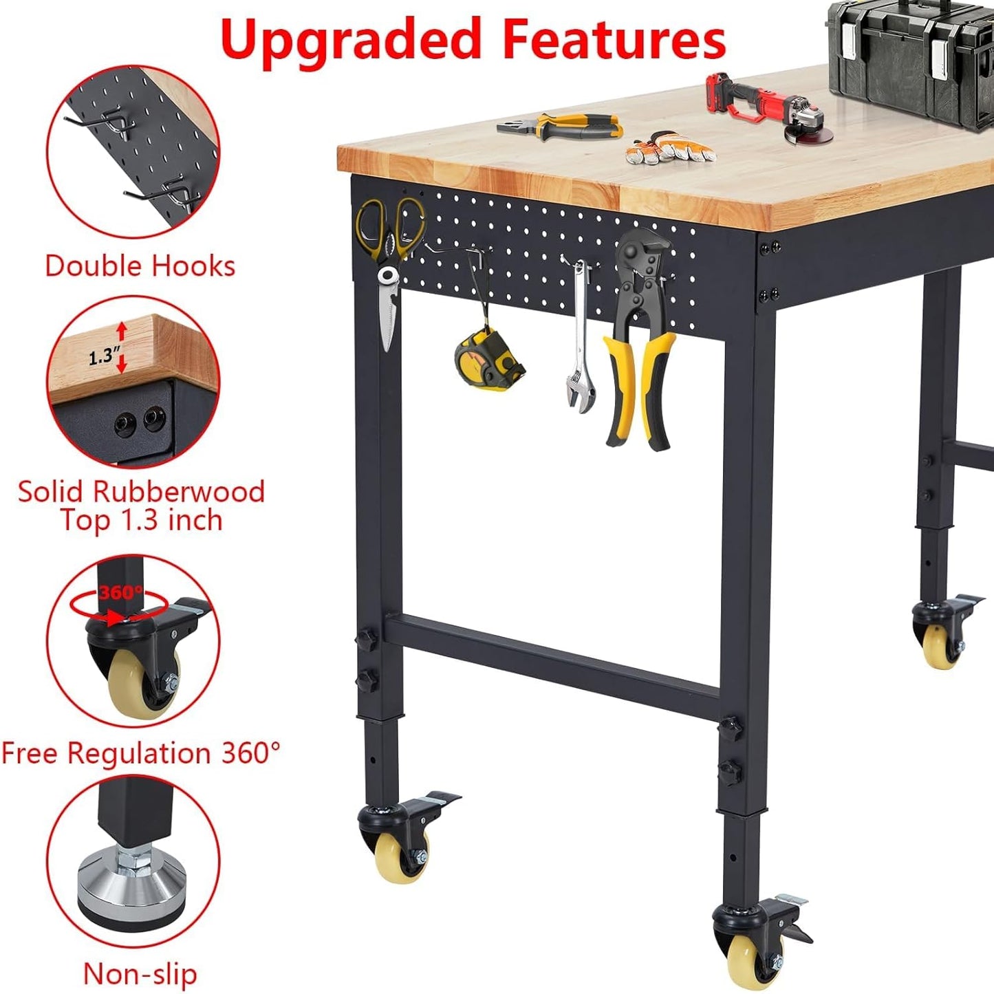 72'' Adjustable Workbench, Heavy Duty Workbench with Power Outlet and Lockable Wheels, 2000 LBS Capacity, Work Table Suitable for Office, Garage, Workshop