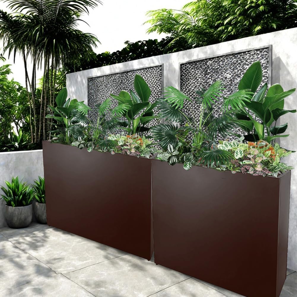 Metal Tall Long Planter Box Large Rectangular Planter Flower Pot with Drainage Holes for Indoor Outdoor Deck Porch Garden Home Patio Front Door (Espresso, S)
