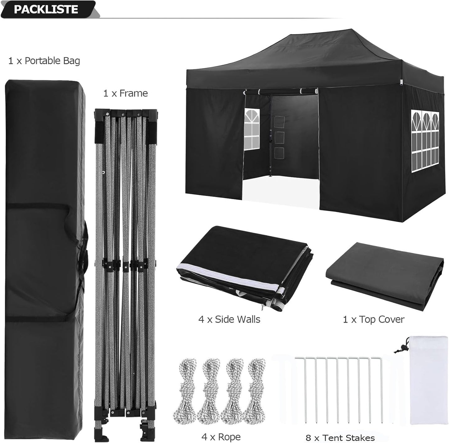 COBIZI 10x15 Pop Up Canopy with 4 Sidewall,Heavy Duty Canopy UPF 50+ All Season Wind Waterproof Commercial Outdoor Wedding Party Tents for Parties Gazebo with Carry Bag(10 x 15 ft Black)