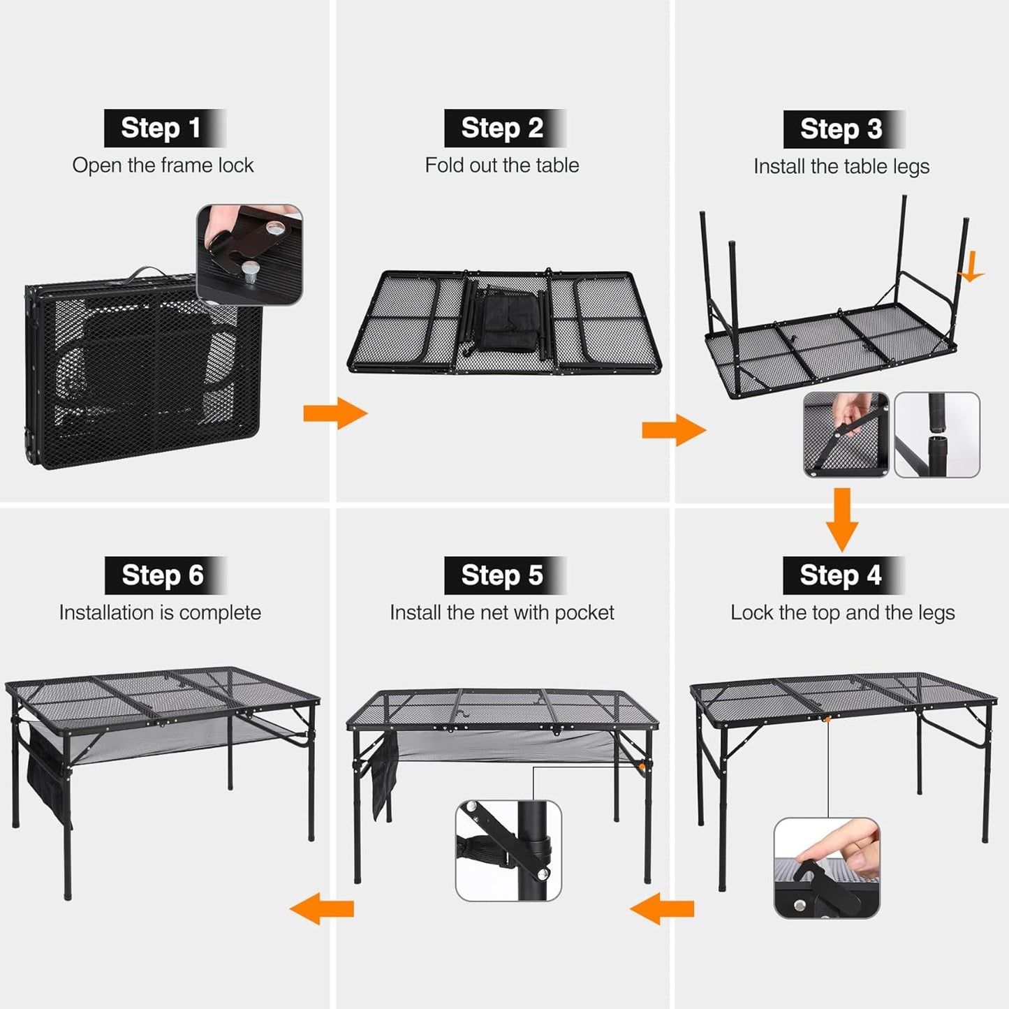 REDCAMP 48x24 Long Folding Grill Table for Outside, Lightweight Portable Double Layer Metal Aluminum Outdoor Grill Table with Adjustable Height Legs, Great for Camping Picnic Cooking BBQ, Black 4ft