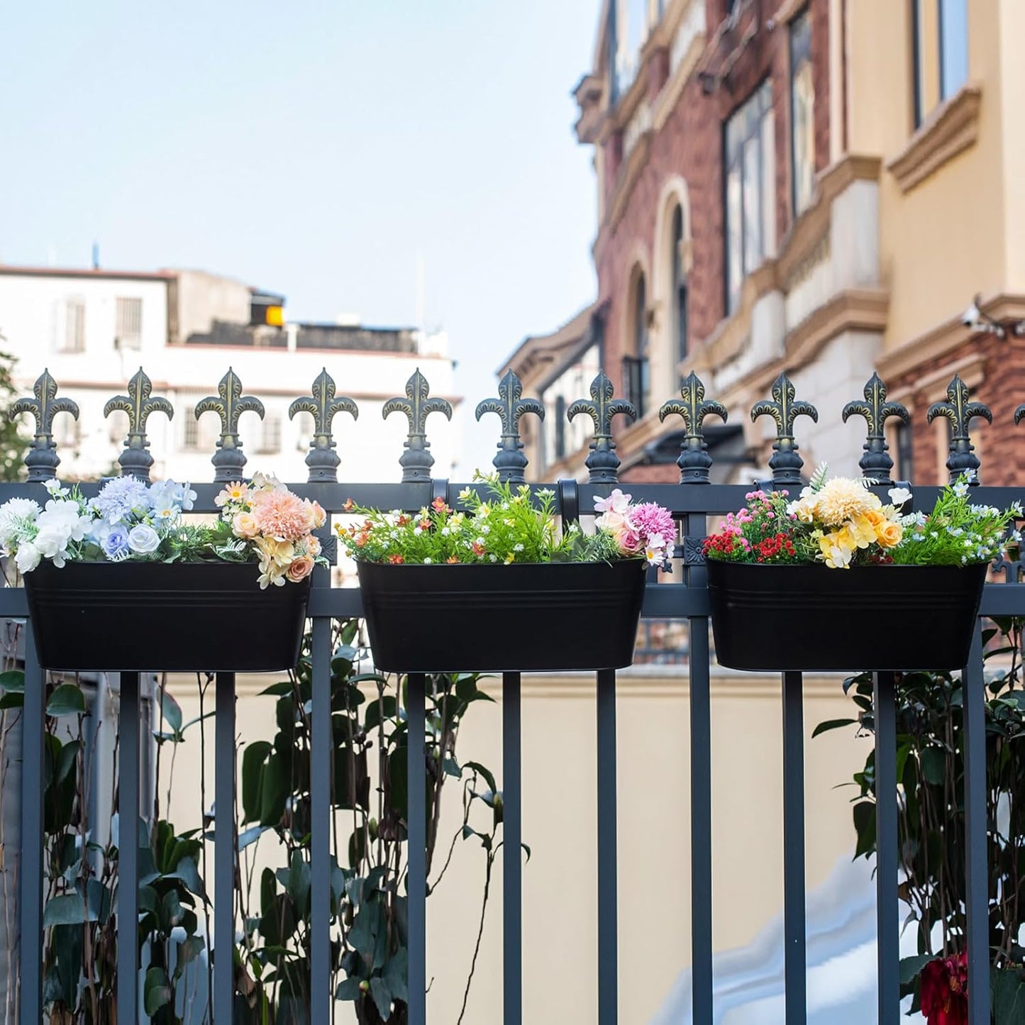 Balcony Planters 16 Inch Railing Hanging Metal Planters with Hooks for Outdoor Plants Flower Boxes for Fence Patio Deck 3 PCS(Black)