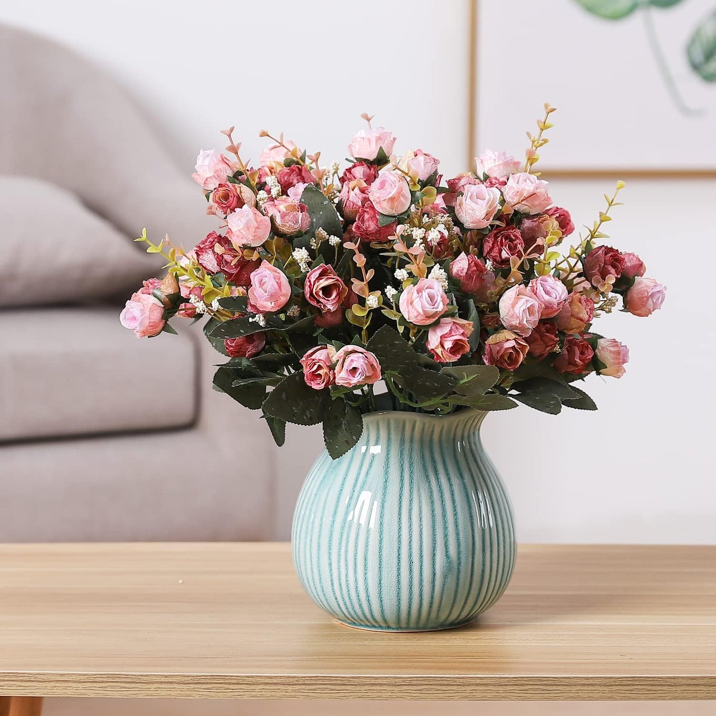 Duovlo 7 Branch 21 Mini Rose Heads Artificial Flowers Bouquet Wedding Home Office Decor,Pack of 2 (2 PCS Pink)