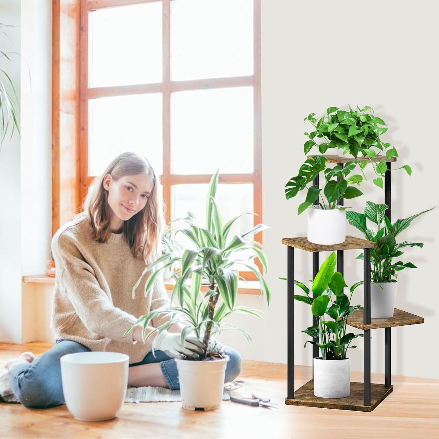 4 Tier Wood Tall Plant Stand Metal Rack Indoor, Multiple Flower Pot Holder Shelves Corner Rack, Planter Shelf Display Rack Storage Organizer for Patio Living Room Balcony Garden(Black)