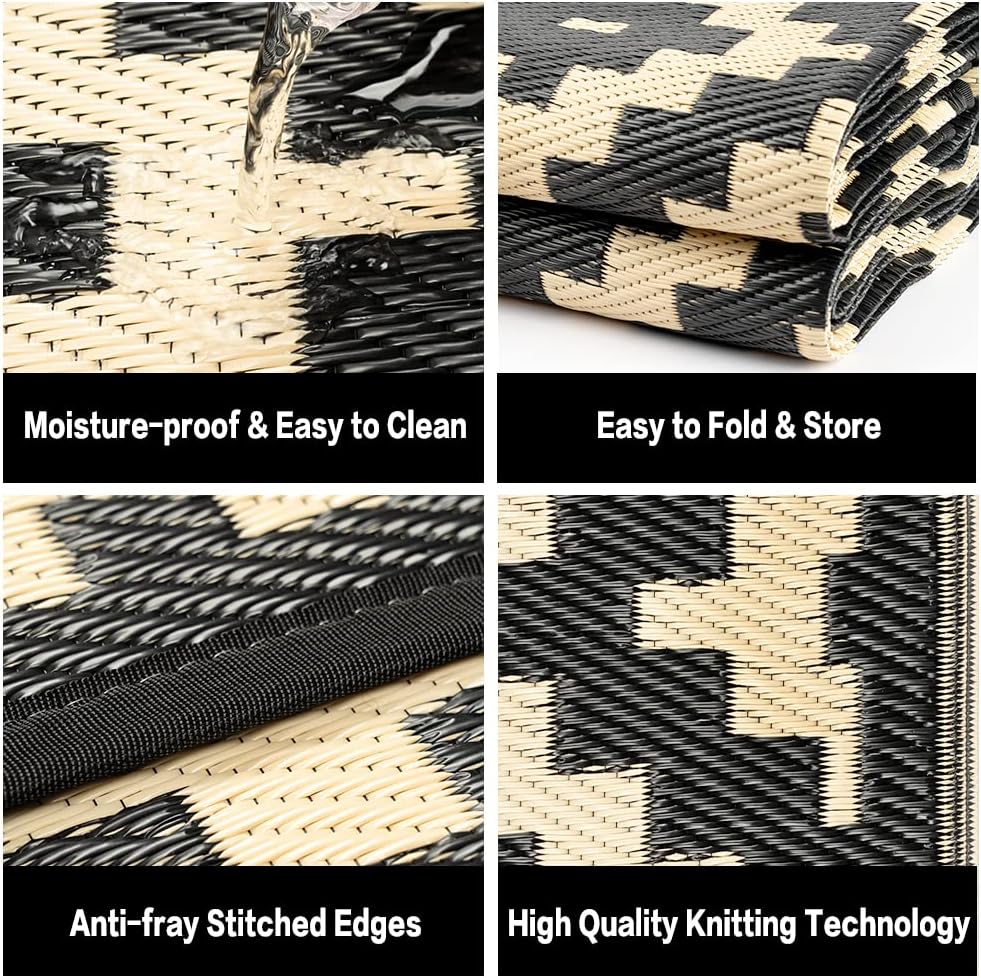 Outdoor Plastic Straw Rug, Waterproof Mat, Washable Large Floor Mat and Rug for Outdoors, RV, Beach, Patio, Camping, Backyard, Deck, Picnic, Indoor Outside (8x10ft,Geometry/Black&Beige)