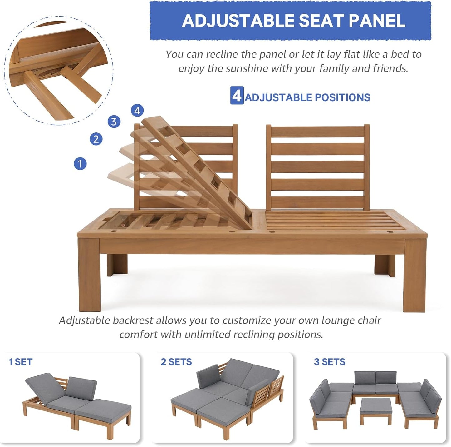 SUNSITT 2 Piece Acacia Wood Patio Furniture Outdoor Loveseat Sofa Set with Adjustable Armrest, FSC Certified L-Shaped Patio Set w/2-in-1 Coffee Table, Grey Cushions for Garden