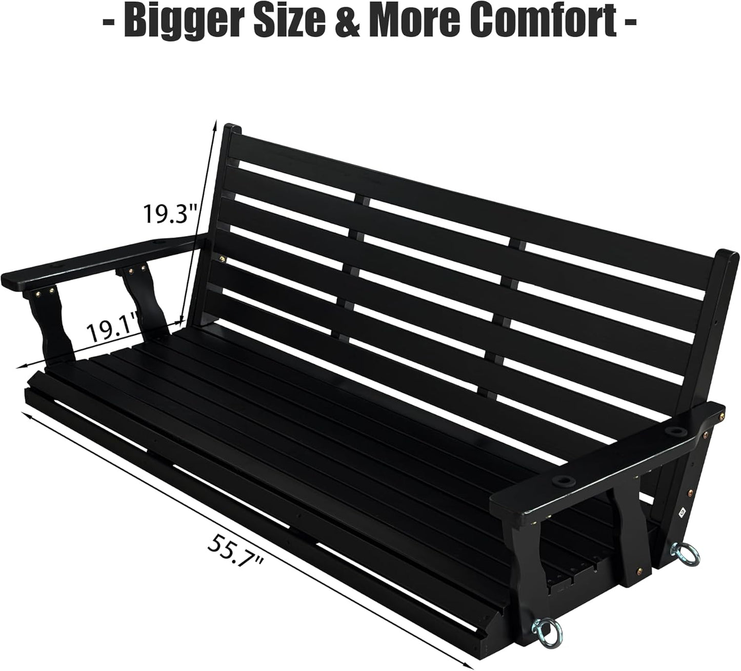 Wooden Porch Swing, Ergonomic Seat, Bench Swing with Hanging Chains and 7mm Springs, Heavy Duty 880 LBS, for Outdoor Patio Garden Yard (Matte Black, 3-Seater Extra Large)