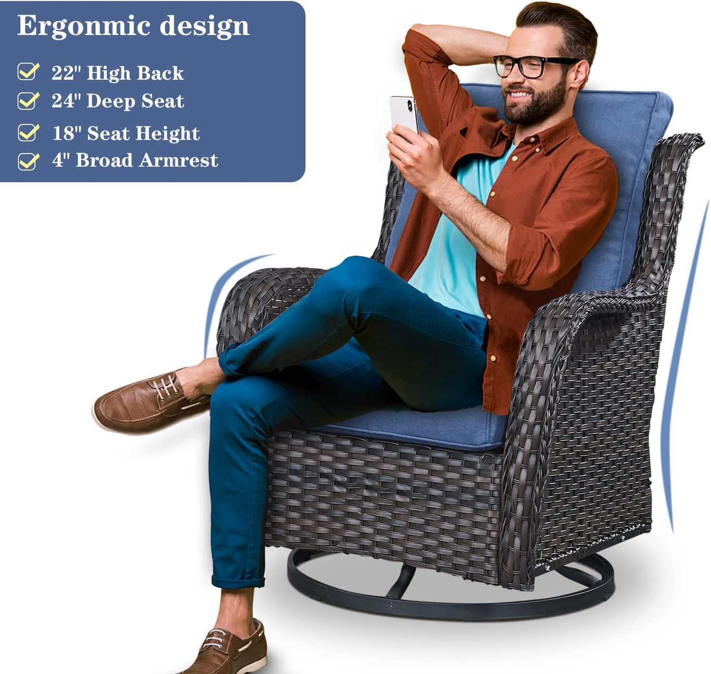 Outdoor Patio Furniture Set with 50000BTU Propane Fire Pit Table, 7 Pieces Wicker Patio Conversation Set with 2 Swivel Glider Rocker Chairs Rattan Sofa Blue Cushion Perfect for Casual Gathering