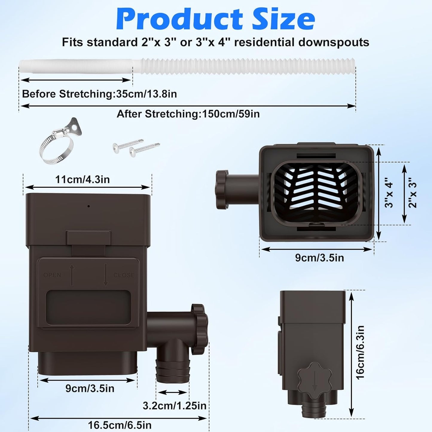 WADEO Rainwater Collection System, Downspout Diverter Fits for 2"x 3" or 3"x 4" Residential Downspouts, Rain Barrel Diverter Kit with Adjustable Valve and Filter, 5FT Hose, Brown