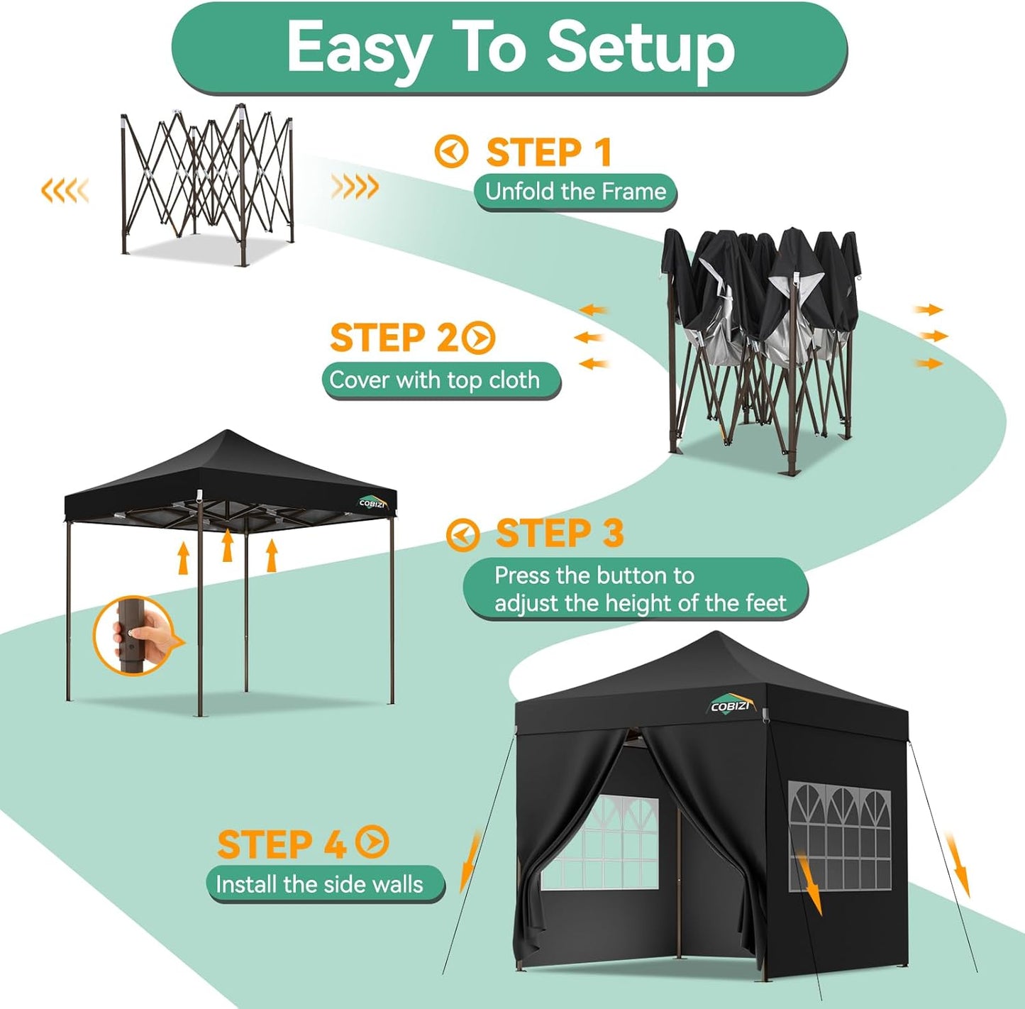 COBIZI 10x10 Pop Up Canopy Tent Heavy Duty with 4 Sidewall, Commercial Outdoor Easy Pop Up Gazebo for Party Wedding All Weather Waterproof UV 50+ with Carry Bag(Leg Upgraded),Black