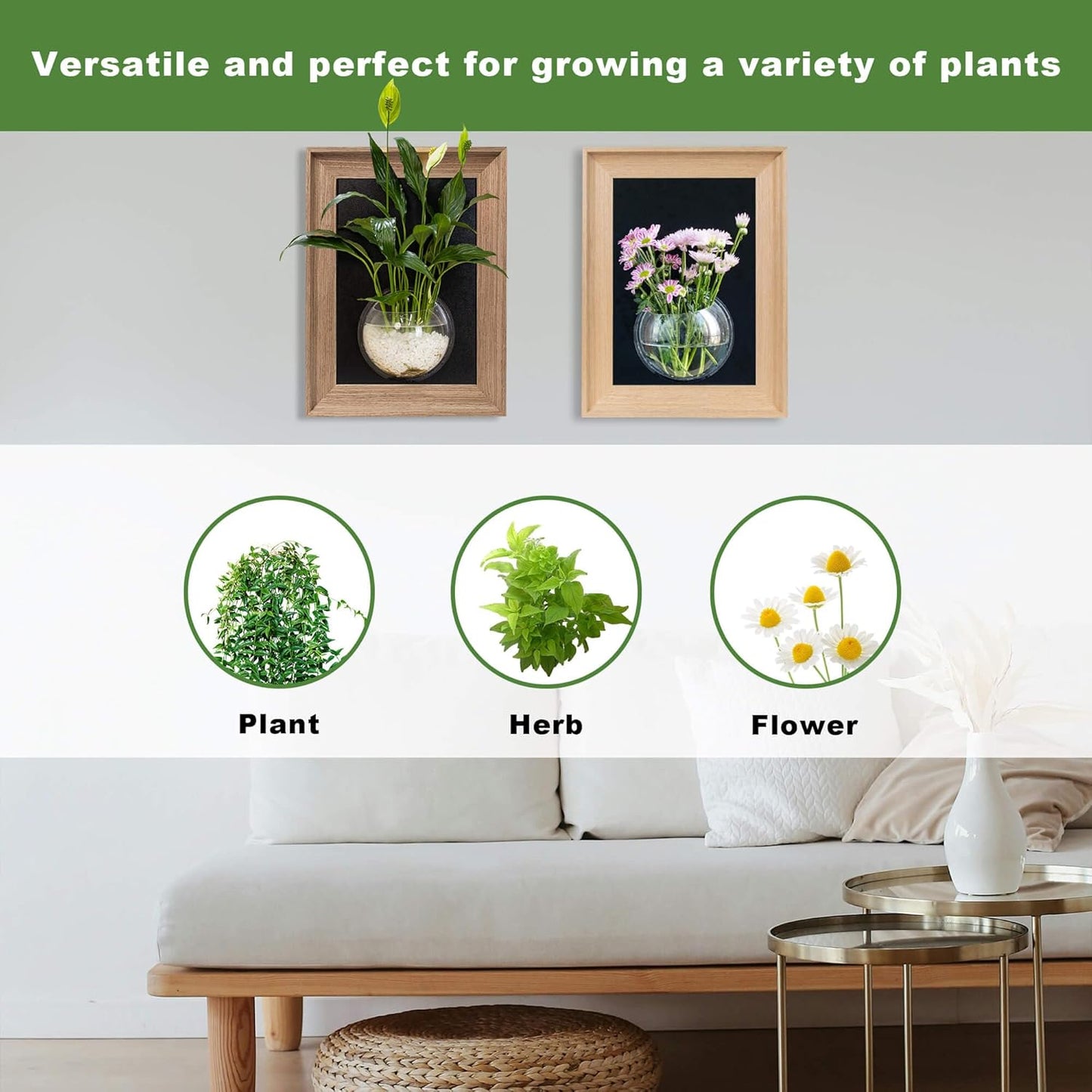 Wooden Frame Wall Hanging Planter for Hydroponic Plants,12X16 inch Wall Vase with Round Acrylic Propagation Station,Bathroom, Office, or Living Room Décor, Set of 2 Mix