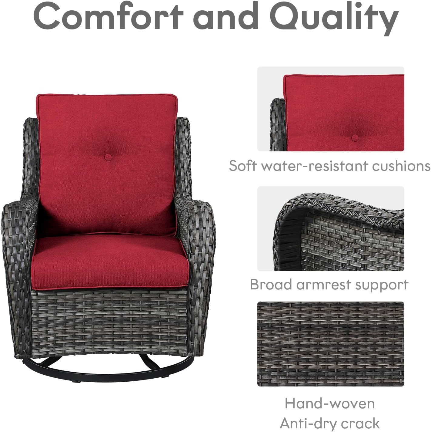 5 Piece Outdoor Patio Furniture Set - Wicker Furniture Patio Conversation Set, Outdoor Swivel Rocker Chairs with Loveseat Sofa and 2 Ottomans for Small Space, Red Cushion