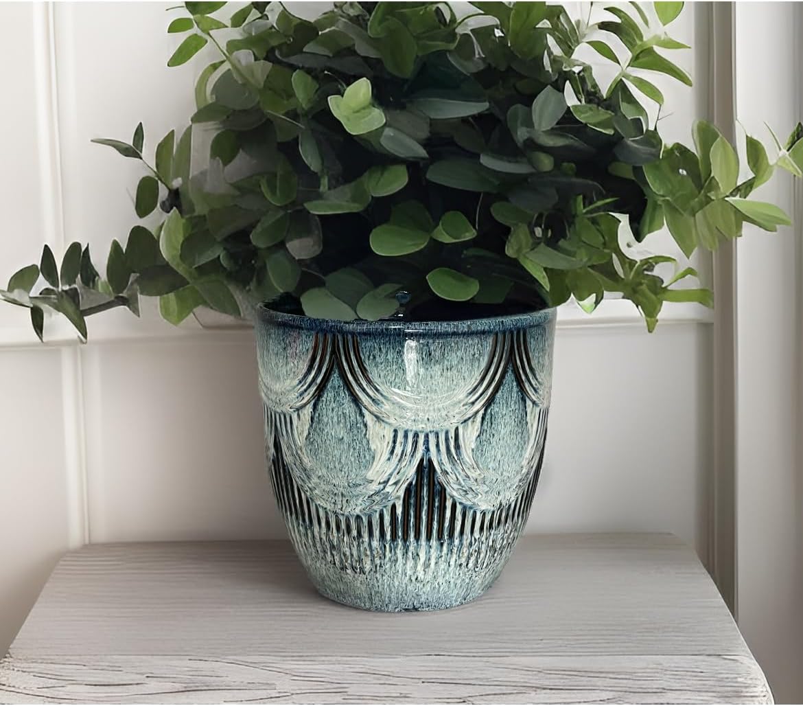 Plant Pots Indoor, Ceramic Planter, 6in Plant Pot, Plant Pots with Drainage Holes and Saucers, Flower Pots for Indoor Plants, Reactive Glaze Blue