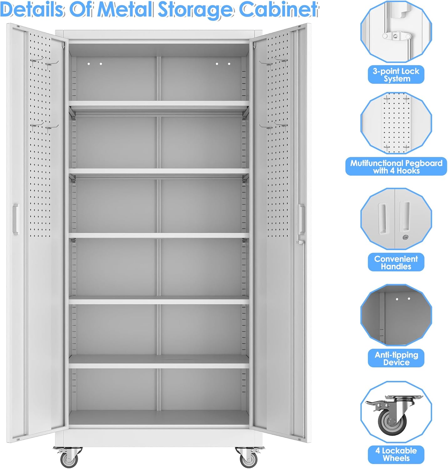 Metal Garage Storage Cabinet with Wheels & Pegboard, Lockable Metal Storage Cabinets with 2 Doors&5 Adjustable Shelves for Garage&Home,Assembly Required,White 71''H x32''W x16''D