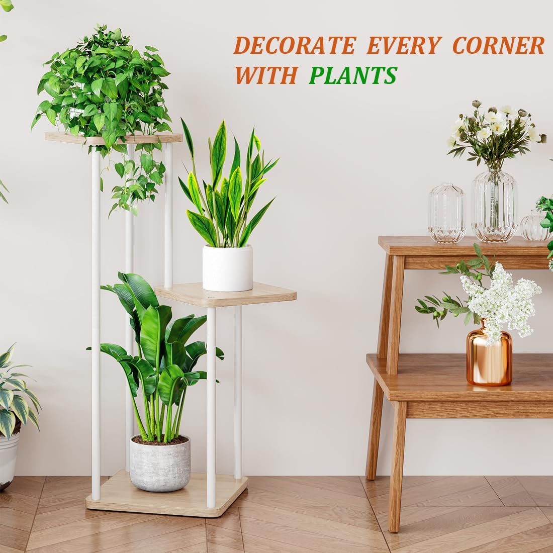 AZERPIAN 3 Tier Plant Stand Indoor Metal Plant Shelf for Multiple Plants Corner Flower Holders for Living Room Balcony Bedroom Patio Garden, Black (White, 3 tier)