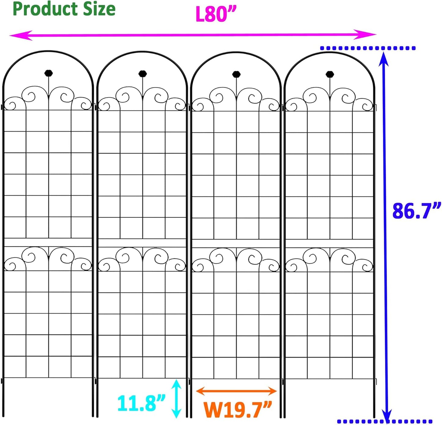 4 Pack Metal Garden Trellis 86.7" H Garden Fence Rustproof Trellis for Climbing Plants Support Roses Flower Outdoor Lawn, Black Galvanized Tube