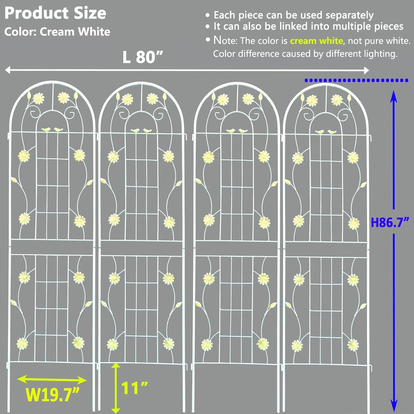 4 Pack Metal Garden Trellis 86.7" H Garden Fence Rustproof Trellis Cream White for Climbing Plants Support Roses Flower Cucumber Outdoor Lawn, White