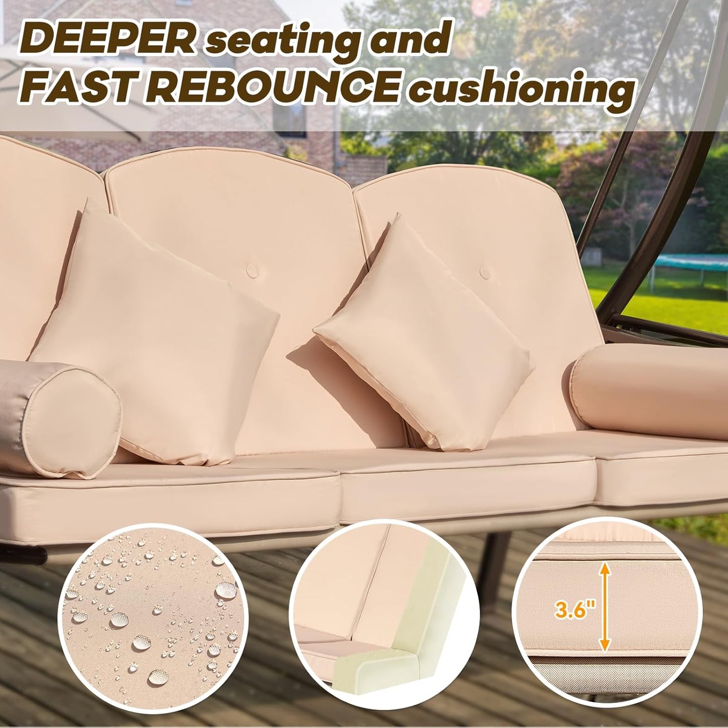 3 in 1 Outdoor Porch Swing with Adjustable Canopy, 3 Seat Outdoor Swing for Adults, Patio Swing Chair with Thickened Cushions,Pillows & Cup Holders for Backyard, Porch, Garden (Khaki)