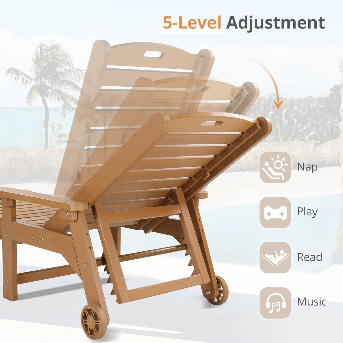 LUE BONA Chaise Lounge Chairs Set with Table, 6-Piece, HDPS Chaise Lounger, 5 Positions Adjustable Lounge Chairs, Pool Lounge Chair with Wheels for Poolside, 3 Year Warranty, Teak Color