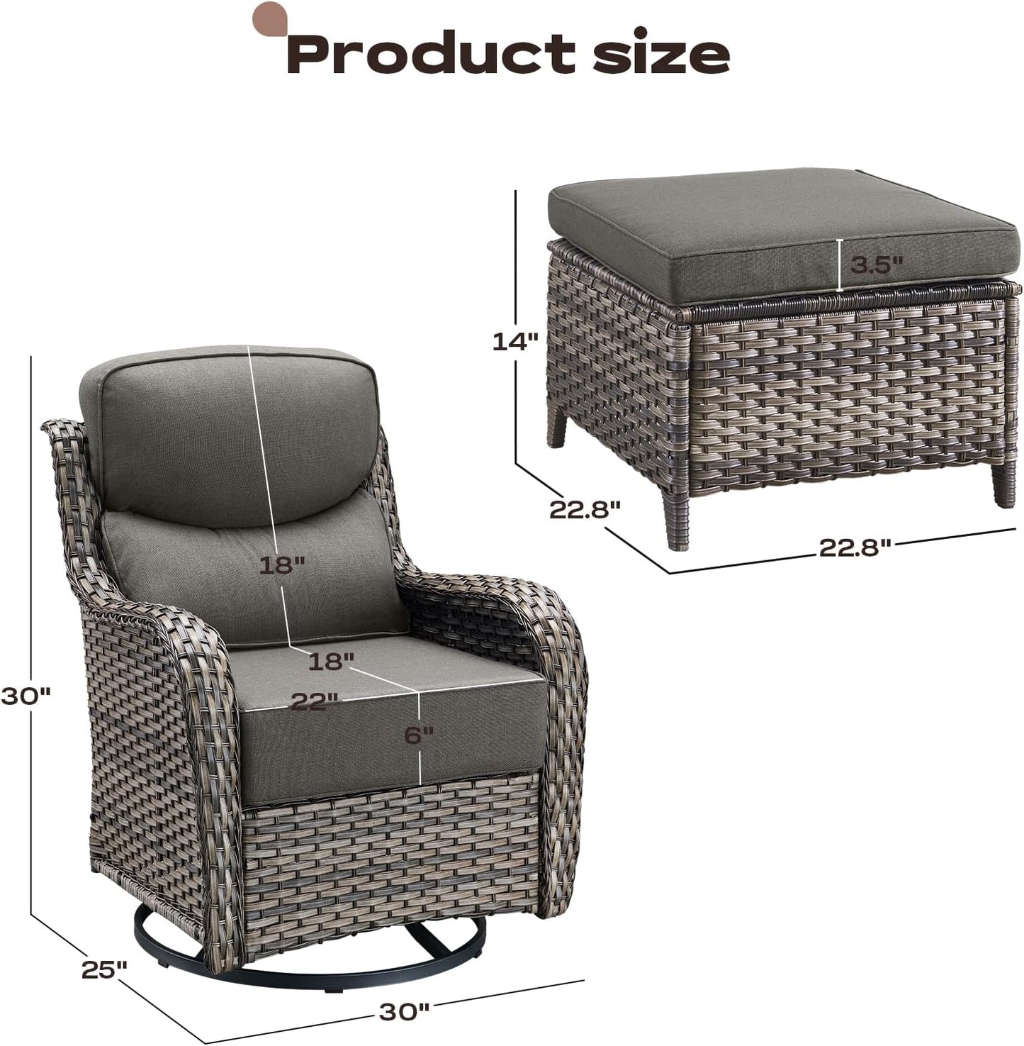Wicker Outdoor Patio Furniture Set - 4 Piece Patio Conversation Set with Swivel Rocker Chairs and Ottomans, 6 inch Cushions, High Back, Deep Seating, for Porch Deck Garden Mixed Grey/Grey