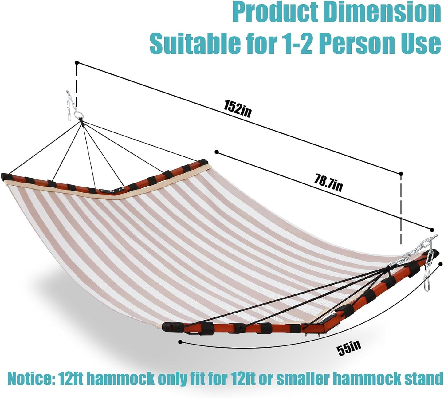 TegerDeger 12FT 2 Person Hammock Large Hammock Quick Dry 450LB Capacity with V Shaped Hardwood Spreader Bar & Nylon Rope for Outside, Patio, Garden, Backyard, Beach, Poolside - Beige Stripes