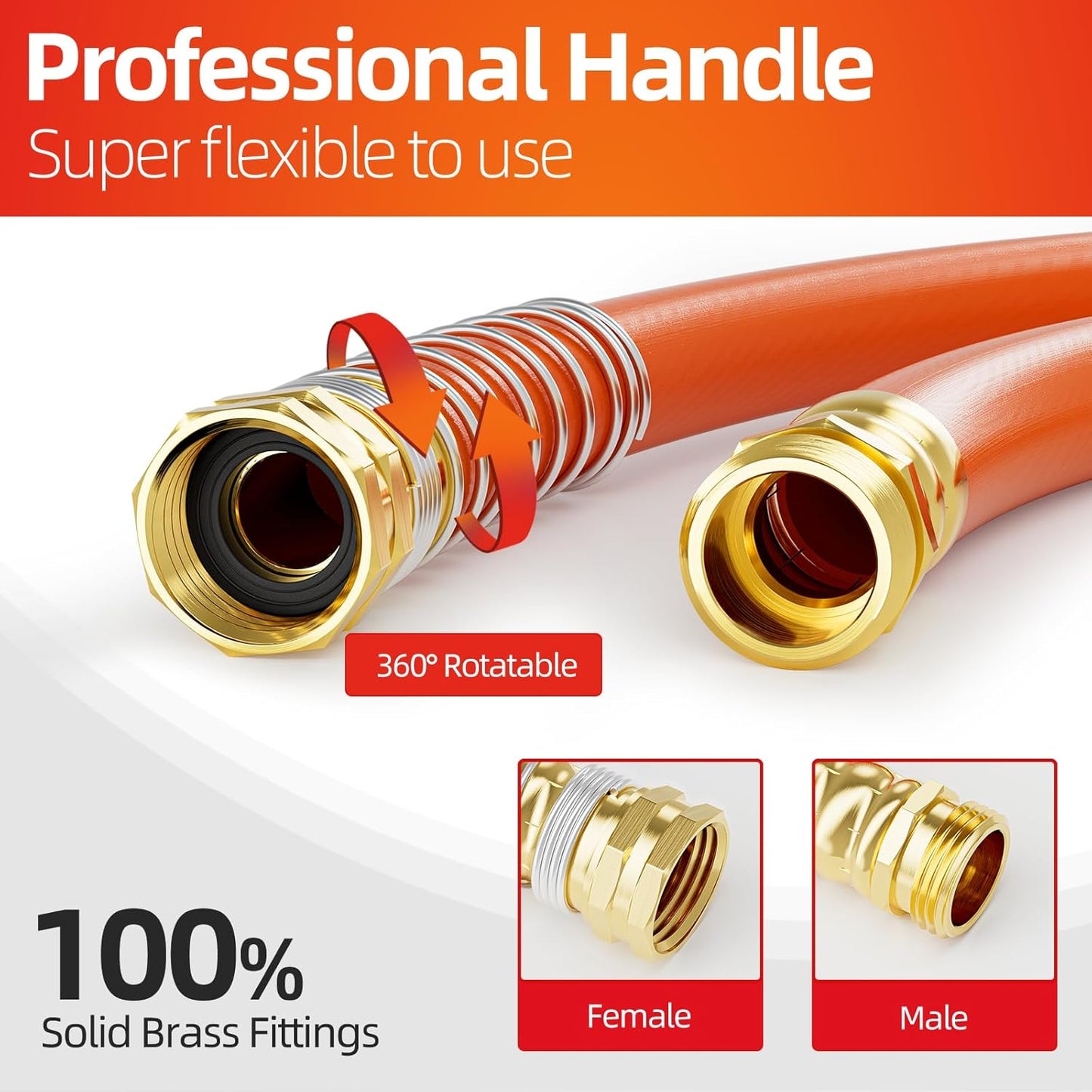 Garden Water Hose 75 ft x 3/4 in Heavy Duty, Flexible and Lightweight, Burst 600 psi, Kink-less Hybrid Rubber Pipe for Backyard, 3/4'' Brass Fittings, Orange
