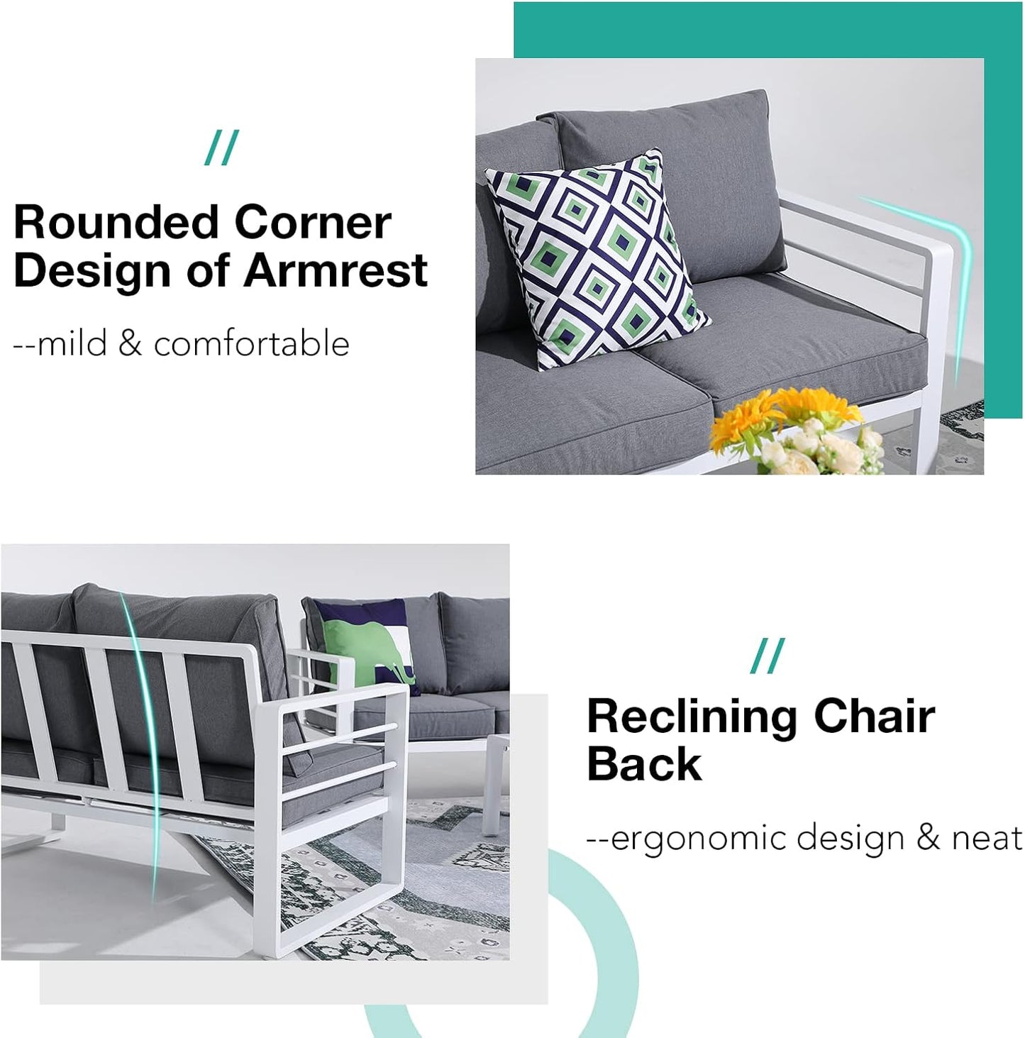 Patiorama Aluminum Patio Furniture Set, 4 PCS Modern Patio Conversation Set, All Weather White Outdoor Sectional Sofa Set w/Coffee Table, Loveseat, Superior Olefin Cushion, Garden-Grey Cushion