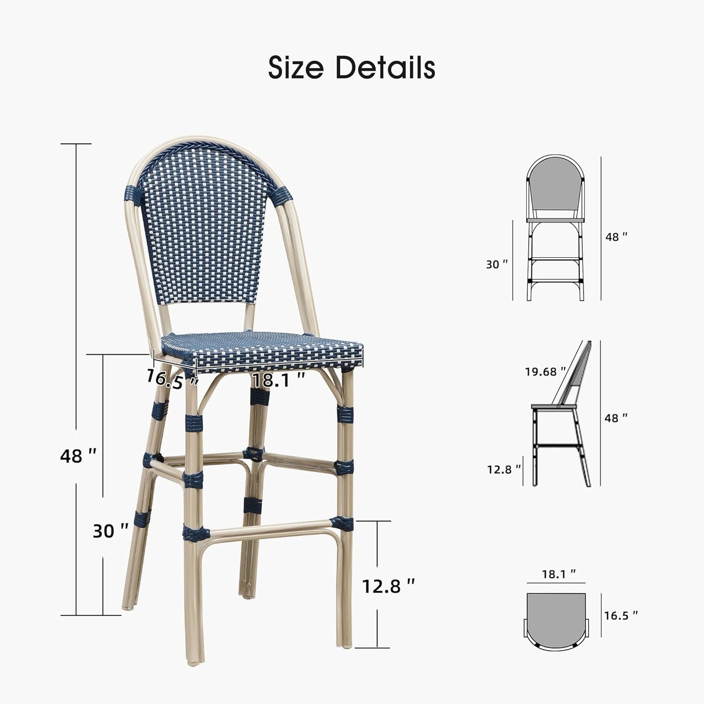 PURPLE LEAF French Bar Stool Set of 2 White Print Finish Patio Bar Stools with Back Rattan Chairs Wicker Bar Height Stool 30" with Footrest Kitchen Island Stools Outdoor Barstool Royal Blue